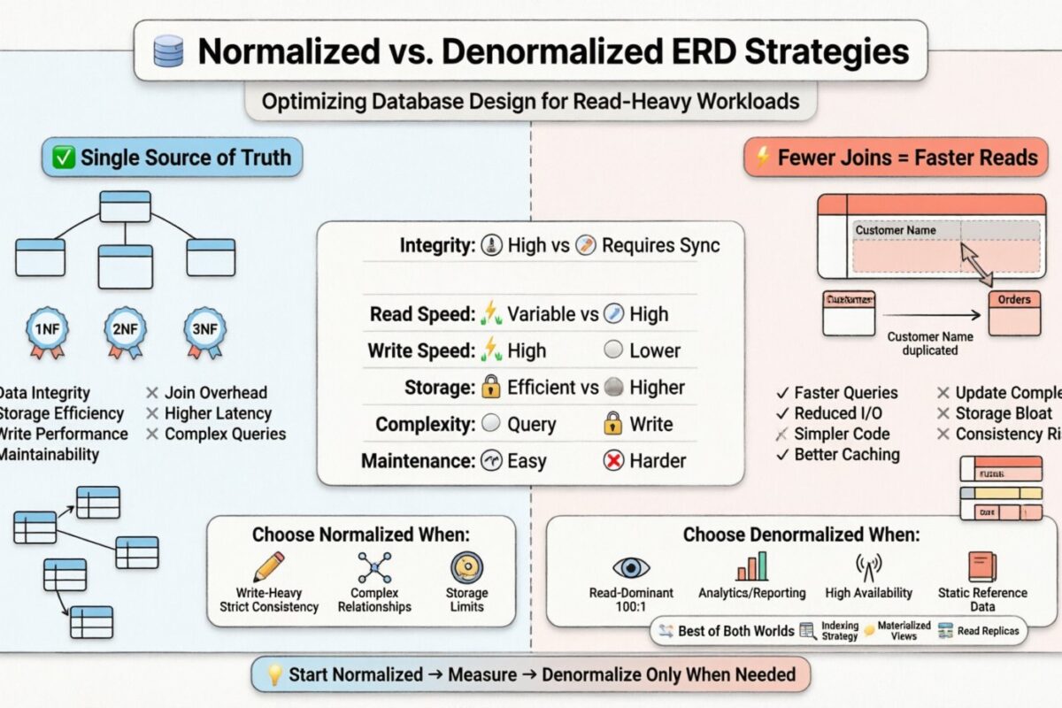Vergleich: Normalisierte vs. Denormalisierte Entitäts-Beziehungs-Diagramm-Strategien für Lese-lastige Workloads