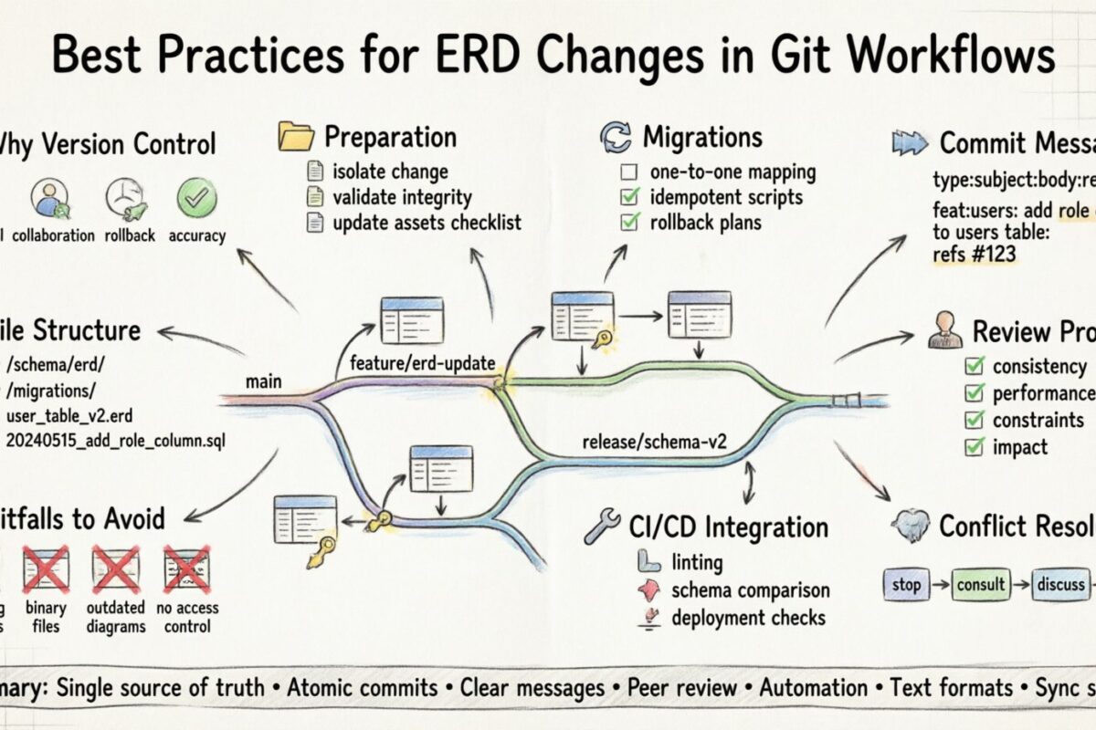 Mejores prácticas para documentar los cambios en diagramas de relaciones de entidades en flujos de trabajo impulsados por Git