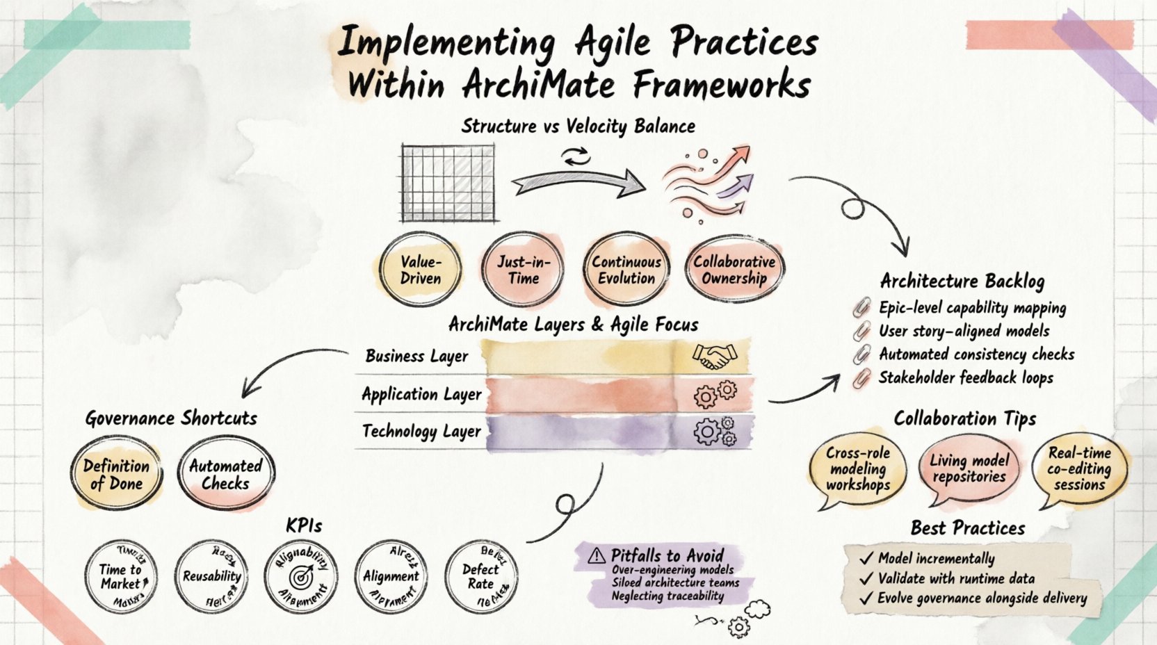 Infographic illustrating how to implement Agile practices within ArchiMate enterprise architecture frameworks, featuring stamp and washi tape craft style design. Shows core principles including value-driven modeling, just-in-time detail, continuous evolution, and collaborative ownership. Visualizes mapping of ArchiMate layers (Business, Application, Technology) to Agile iterations, architecture backlog items, lightweight governance strategies, collaboration techniques, key performance metrics (time to market, reusability, alignment, defect rate), common pitfalls to avoid, and best practices summary for balancing architectural rigor with Agile delivery speed.