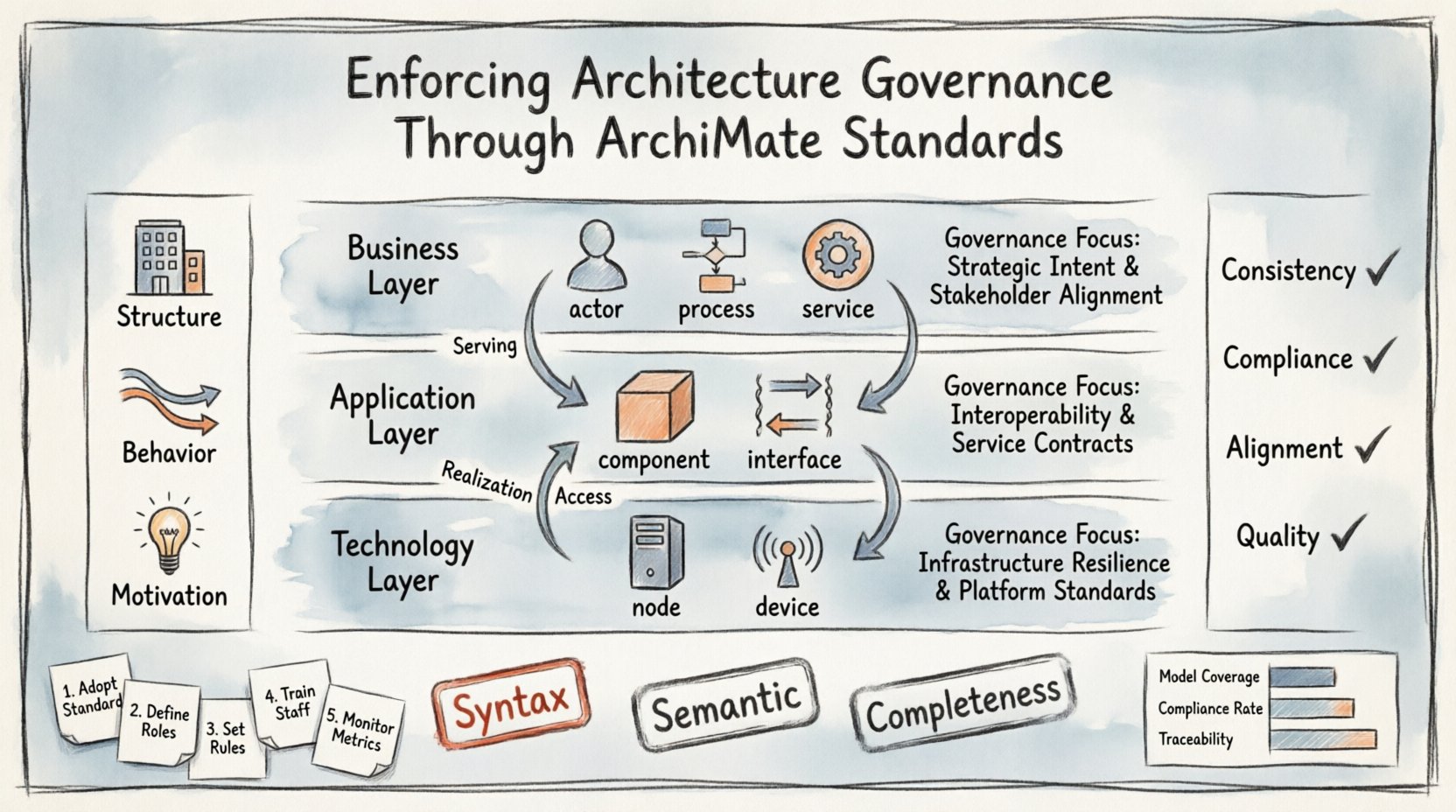 Hand-drawn infographic summarizing ArchiMate standards for enterprise architecture governance: shows Business, Application, and Technology layers with governance focus areas, core components (Structure, Behavior, Motivation), validation mechanisms, key metrics, and six actionable steps for implementing architecture governance