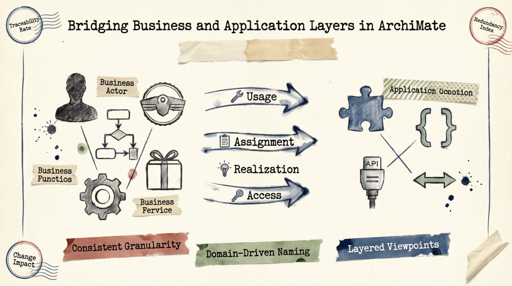 Infographic illustrating how ArchiMate connects Business Layer elements (Processes, Roles, Services) to Application Layer elements (Components, Services, Interfaces) using relationships like Usage, Assignment, Realization, and Access, featuring stamp and washi tape design with best practices and strategic alignment metrics for enterprise architecture