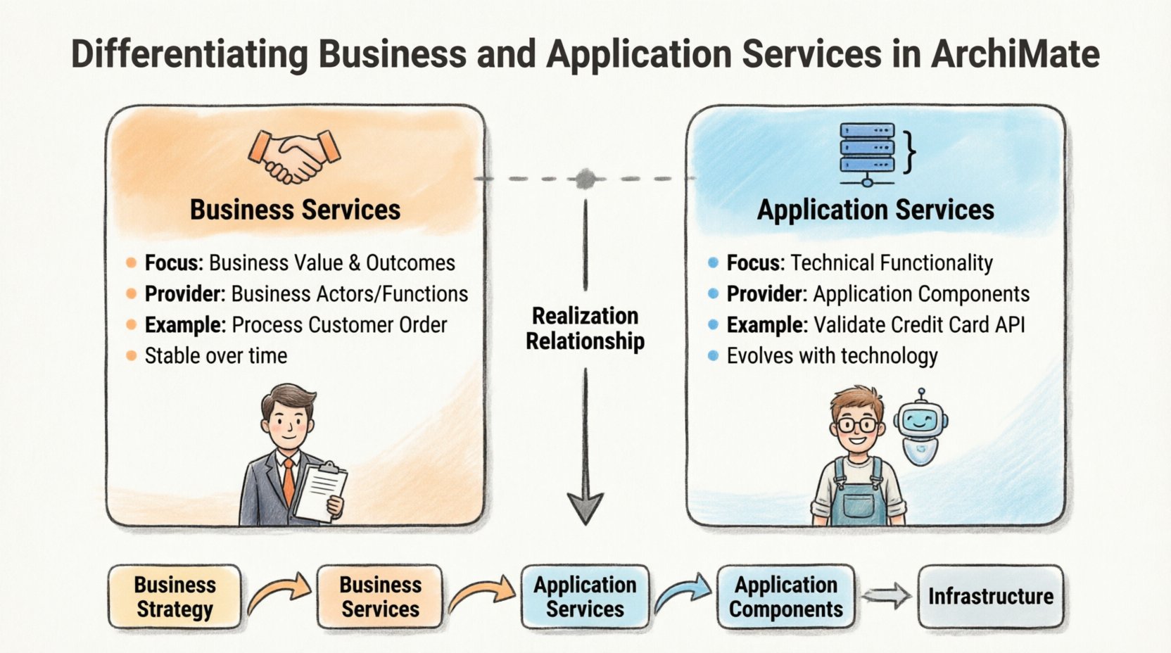 Cartoon infographic comparing Business Services and Application Services in ArchiMate enterprise architecture framework, illustrating key differences in focus, providers, examples, and stability, plus the realization relationship showing how application services enable business value delivery