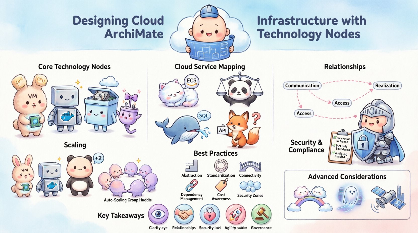 Chibi-style infographic summarizing ArchiMate Technology Nodes for cloud infrastructure design, featuring cute characters representing Technology Nodes (VMs, containers, storage), Technology Services (load balancers, firewalls, API gateways), relationship mappings, security governance practices, auto-scaling elasticity concepts, and best practices for multi-cloud and serverless architectures in a kawaii pastel aesthetic