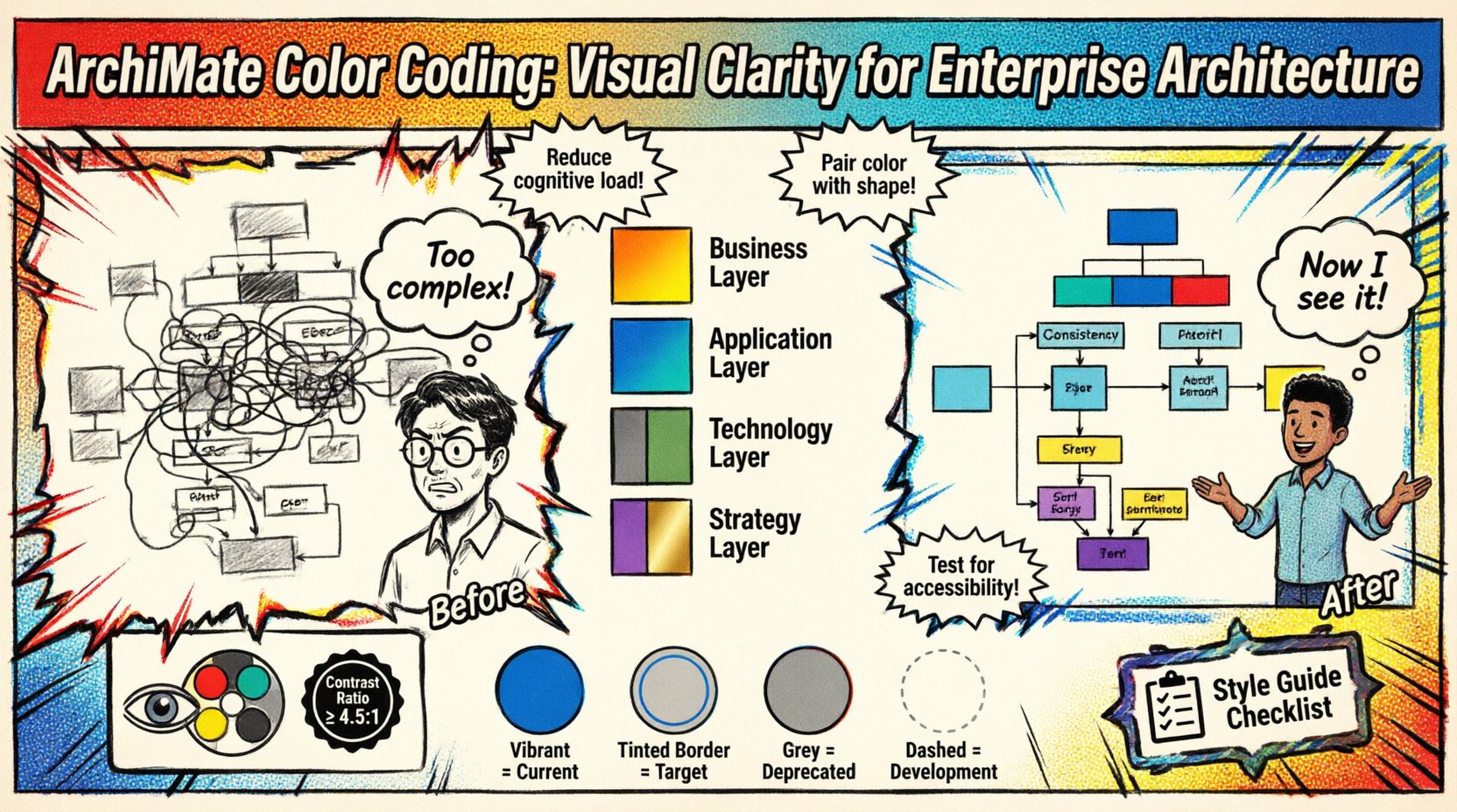 Comic-style infographic illustrating ArchiMate color coding best practices for enterprise architecture diagrams: shows before/after comparison of cluttered black-and-white vs. clear color-coded models, layer-specific color palette (Business=warm orange/yellow, Application=cool blue/teal, Technology=neutral grey/green, Strategy=distinct purple/gold), accessibility tips for color blindness, status indicators for current/target/deprecated states, and governance checklist for consistent visual styling to reduce cognitive load and improve stakeholder alignment