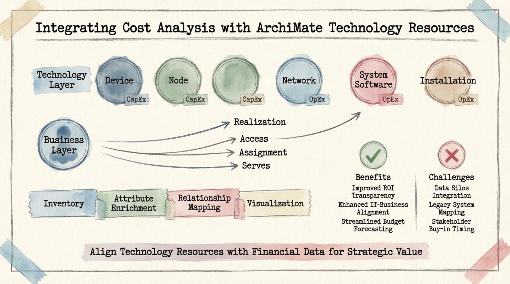 Infographic summarizing how to integrate cost analysis with ArchiMate technology resources: shows Technology Layer elements (Device, Node, Network, System Software, Installation), key relationships (Realization, Access, Assignment, Serves), 4-phase implementation roadmap (Inventory, Attribute Enrichment, Relationship Mapping, Visualization), benefits vs challenges comparison, and strategic outcomes for enterprise architecture financial alignment, designed in decorative stamp and washi tape style