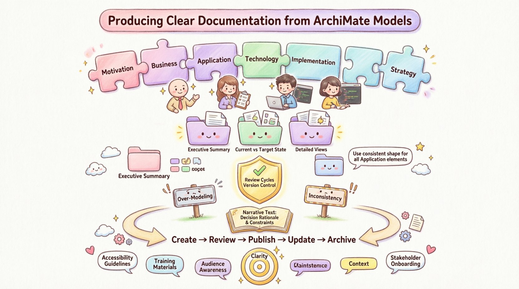 Kawaii-style infographic summarizing 10 key principles for producing clear documentation from ArchiMate enterprise architecture models, including stakeholder perspectives, visual standards, and maintenance strategies