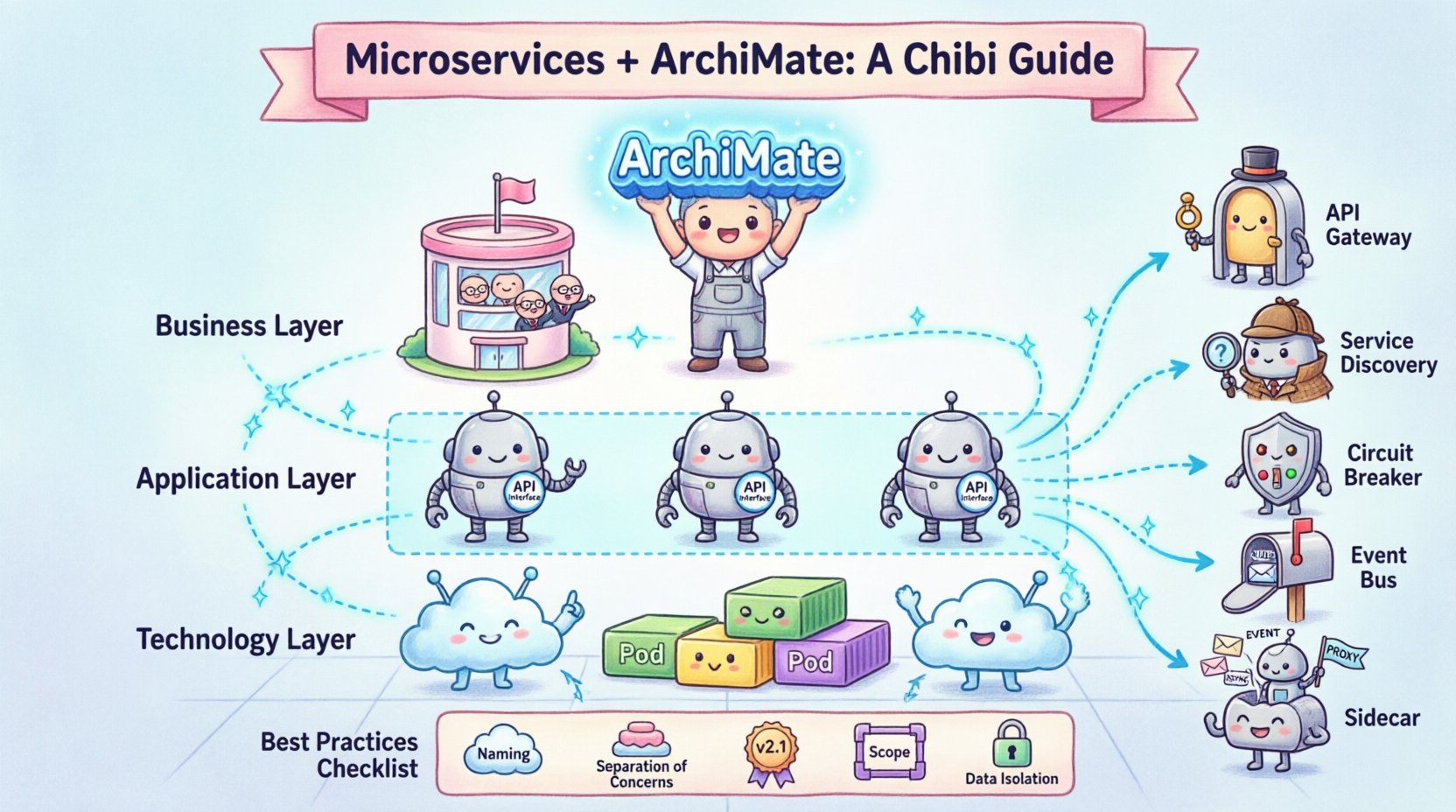 Chibi-style infographic guide to modeling microservices patterns in ArchiMate: illustrates Business, Application, and Technology layers with cute characters; features five key patterns (API Gateway, Service Discovery, Circuit Breaker, Event Bus, Sidecar) as adorable robots; shows Communication and Triggering relationships with sparkly arrows; includes best practices checklist for enterprise architecture modeling with pastel colors and friendly chibi art design