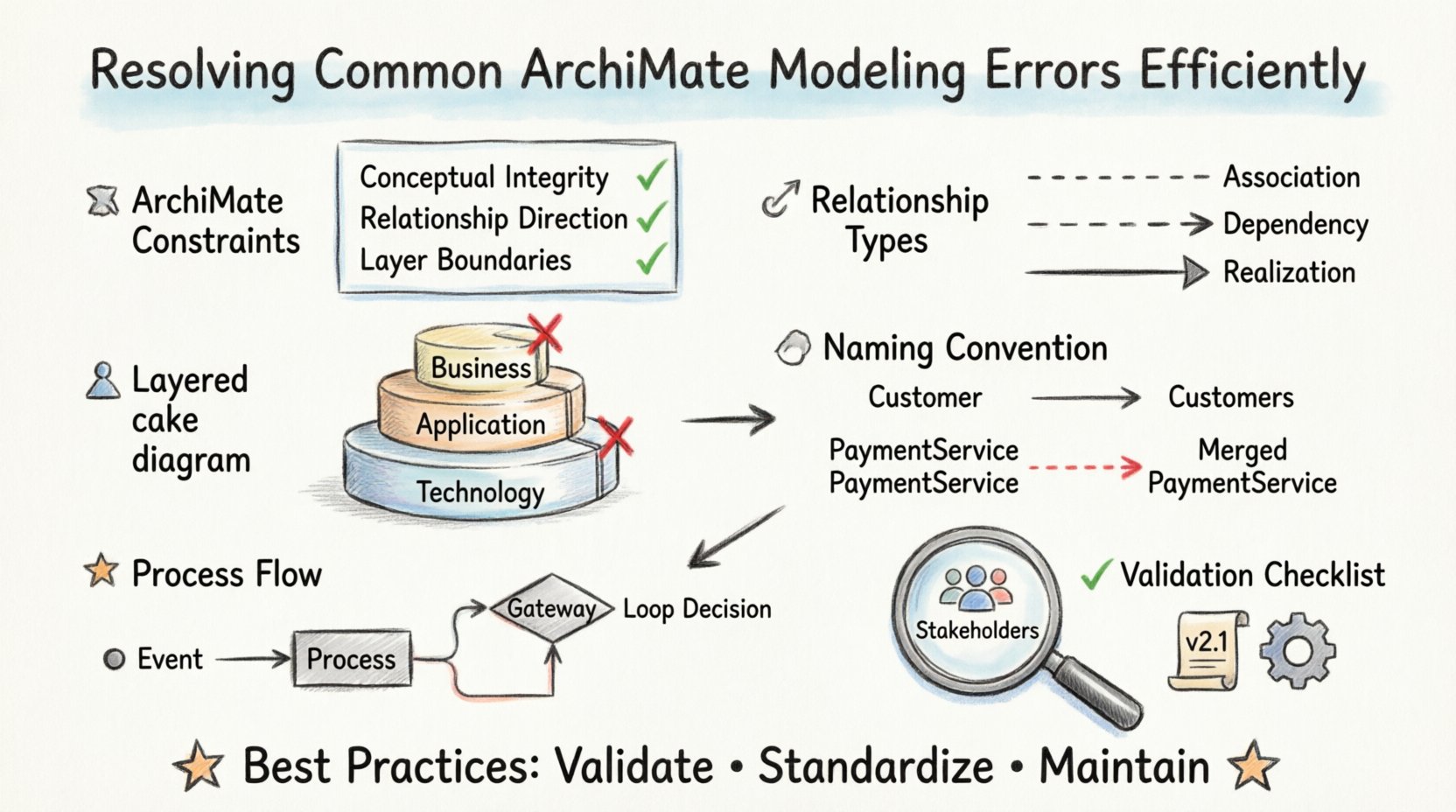 Hand-drawn infographic summarizing common ArchiMate modeling errors and solutions: illustrates key constraints, relationship types (association/dependency/realization), layering rules across Business/Application/Technology layers, naming convention best practices, process flow modeling tips, and validation strategies for enterprise architecture quality assurance
