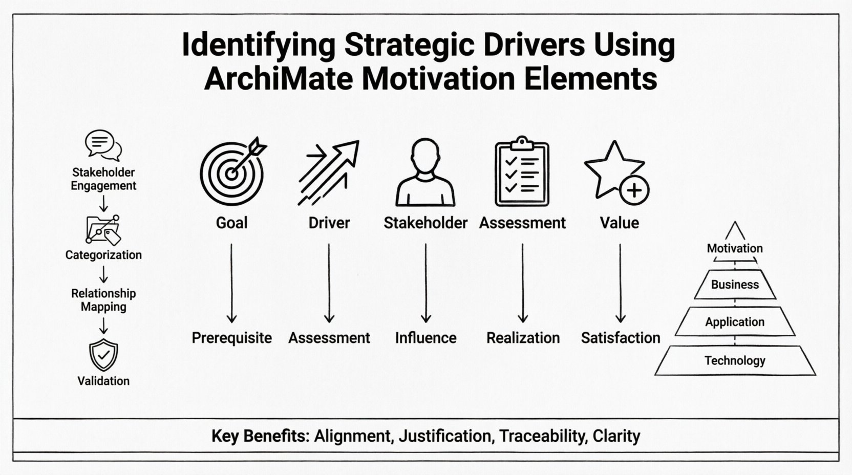 Line art infographic illustrating ArchiMate Motivation layer elements for identifying strategic drivers in enterprise architecture, showing core components (Goal, Driver, Stakeholder, Assessment, Value), relationship types (Prerequisite, Influence, Realization, Satisfaction), a 4-step identification process, and integration with Business, Application, and Technology layers
