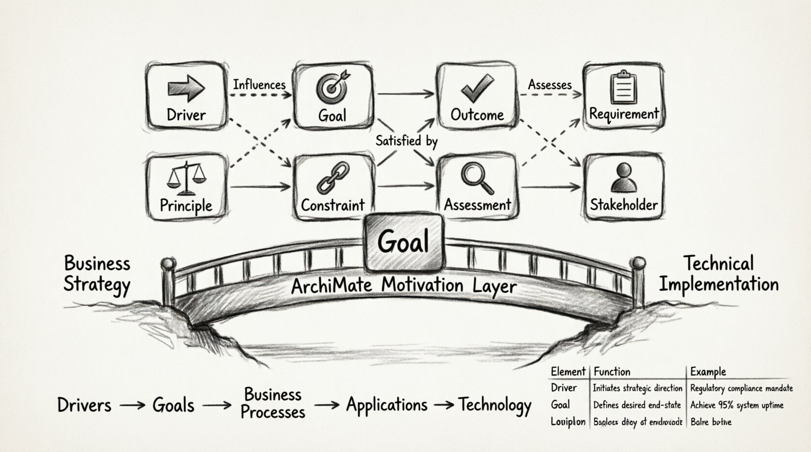 Charcoal sketch infographic illustrating ArchiMate Motivation Layer framework showing eight core elements (Driver, Goal, Outcome, Requirement, Principle, Constraint, Assessment, Stakeholder) with relationship arrows connecting business strategy to technical implementation, depicting how enterprise architects map strategic goals to execution layers