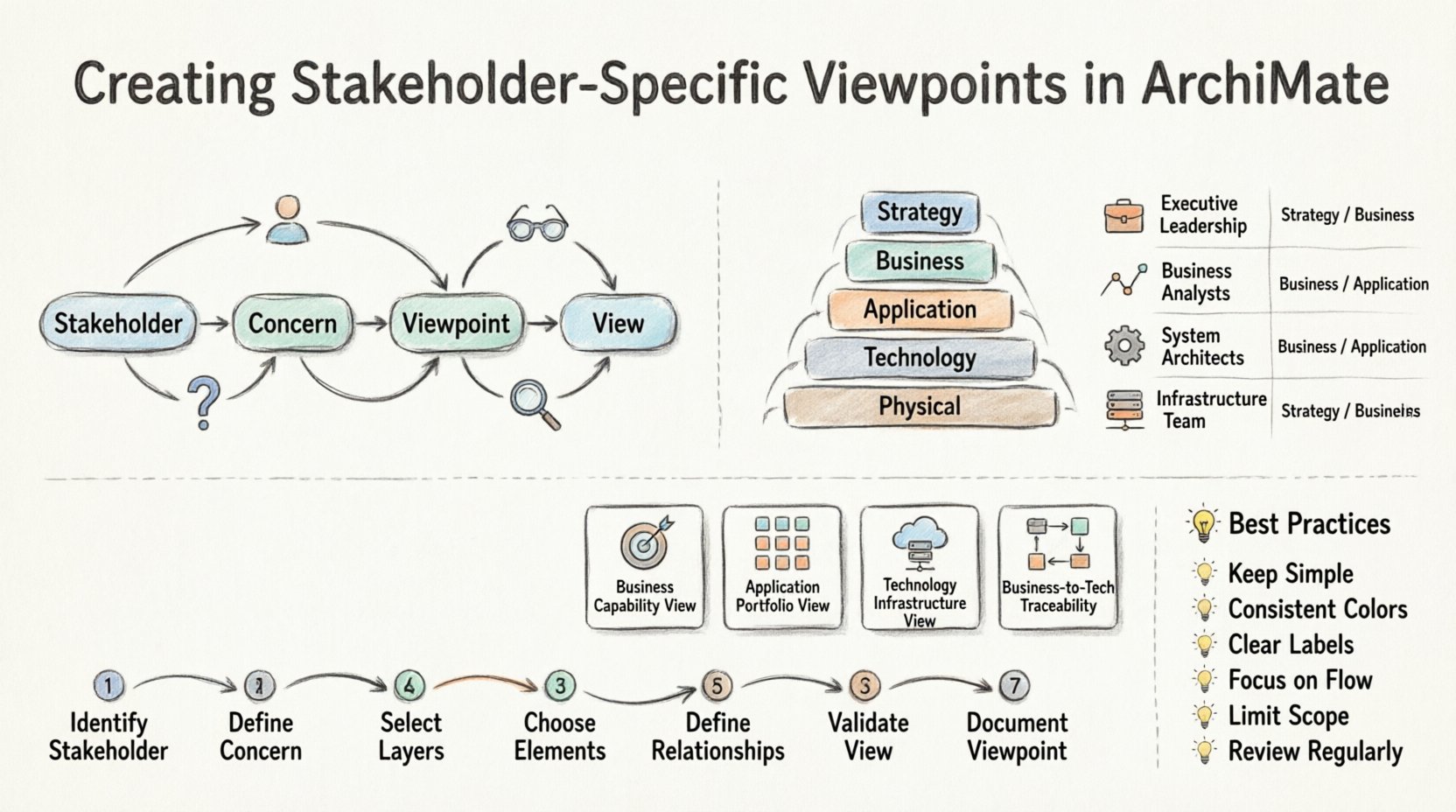 Hand-drawn infographic summarizing how to create stakeholder-specific viewpoints in ArchiMate enterprise architecture, showing stakeholder groups, ArchiMate layers (Strategy, Business, Application, Technology, Physical), viewpoint patterns, and a 7-step creation process for better communication and decision-making
