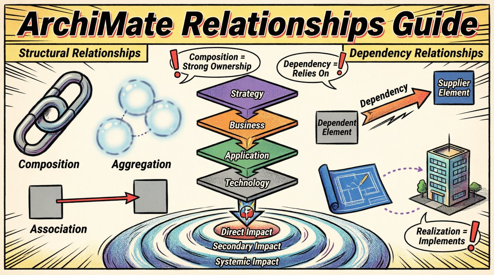 Comic book style infographic explaining ArchiMate structural relationships (Composition, Aggregation, Association) and dependency relationships (Dependency, Realization) across Strategy, Business, Application, and Technology layers, with visual guide to cross-layer connections and impact analysis for enterprise architecture modeling