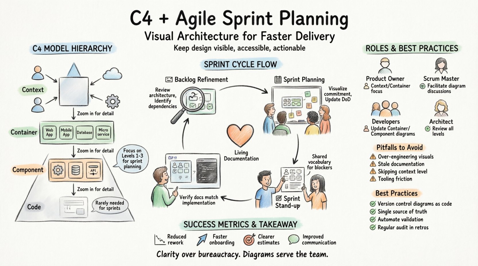 Hand-drawn infographic illustrating how to integrate C4 Model diagrams into Agile sprint planning: shows the 4-level C4 hierarchy (Context, Container, Component, Code), sprint cycle integration points (Backlog Refinement, Sprint Planning, Daily Stand-ups, Sprint Review), team roles and responsibilities, common pitfalls to avoid, best practices for maintenance, and success metrics like reduced rework and faster onboarding – all rendered in a sketchy illustration style with thick outline strokes for approachable technical communication