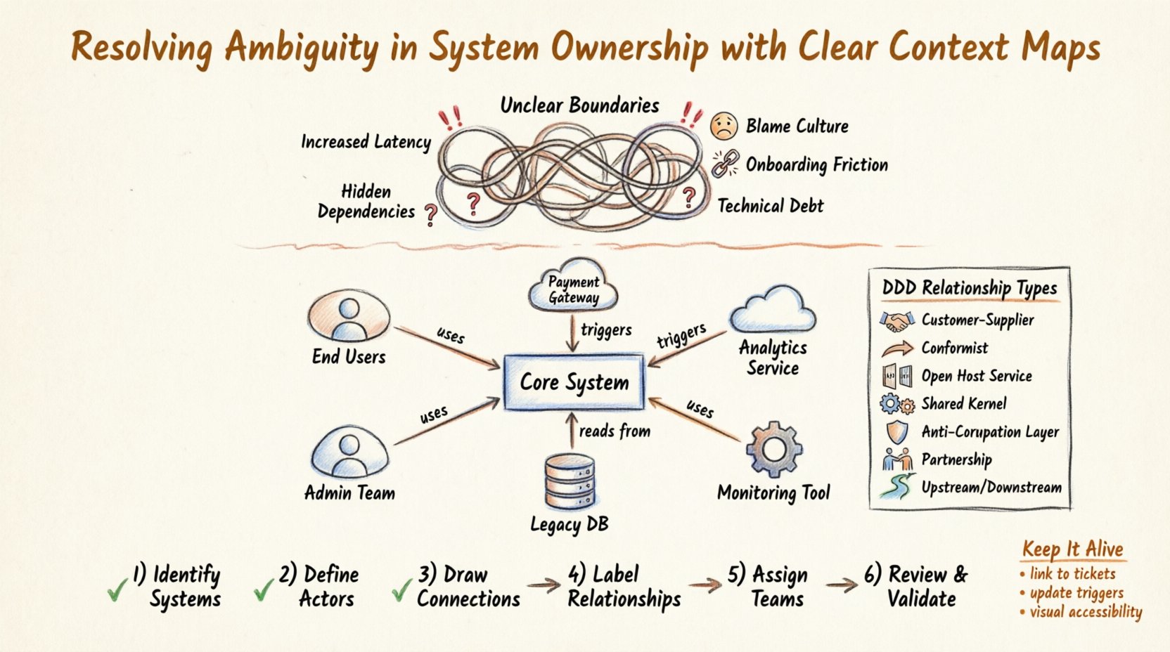 Hand-drawn infographic illustrating how to resolve system ownership ambiguity using C4 Model and DDD Context Maps. Shows the problems of unclear boundaries (latency, hidden dependencies, blame culture), the solution through structured context diagrams with labeled relationship types (Customer-Supplier, Conformist, Open Host Service, Shared Kernel, Anti-Corruption Layer, Partnership, Upstream/Downstream), and a 6-step implementation workflow for mapping system ownership with team accountability.