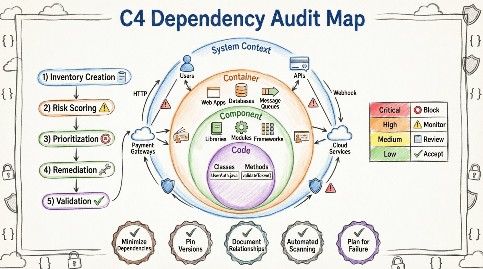 Marker-style infographic illustrating how to audit external software dependencies using the C4 model. Features four hierarchical layers: System Context (external actors like APIs, payment gateways, users), Container (runtime instances like web apps and databases), Component (libraries and modules), and Code (classes/methods). Includes a 5-step audit workflow: Inventory Creation, Risk Scoring, Prioritization, Remediation, and Validation. Displays a risk assessment matrix with Critical/High/Medium/Low severity levels and corresponding actions. Highlights best practices: minimize dependencies, pin versions, document relationships, enable automated scanning, and plan for failure. Visual elements include hand-drawn arrows for data flows, security shields, license badges, and warning icons. Designed in vibrant marker illustration style on white background with 16:9 aspect ratio for presentations and documentation.