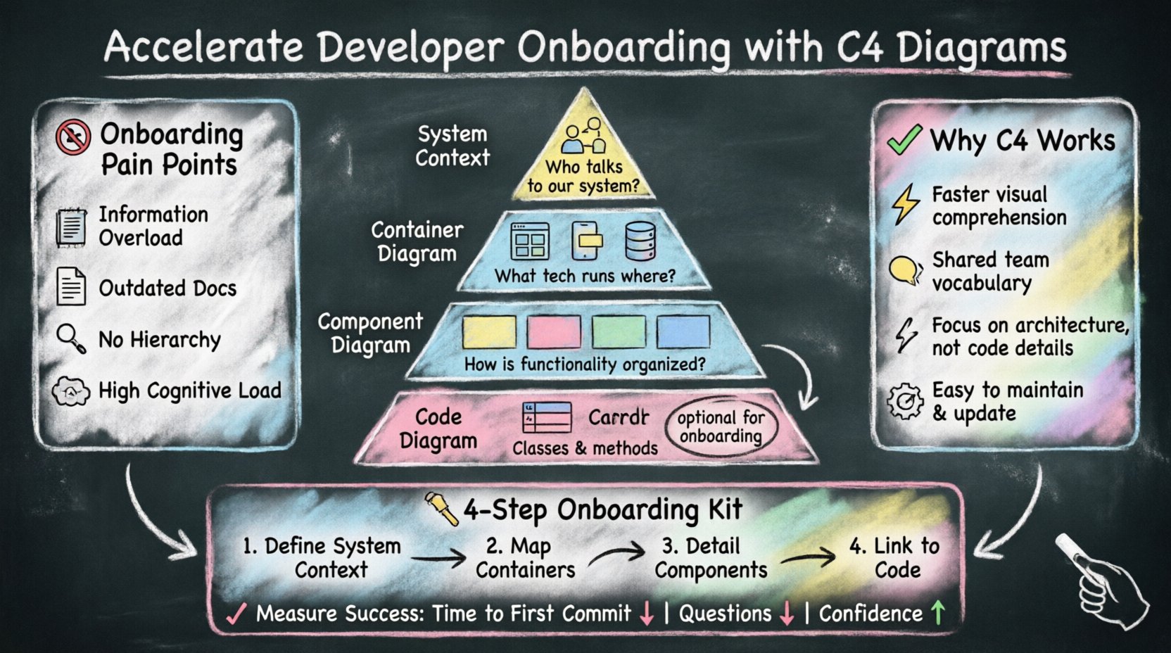Chalkboard-style infographic illustrating how C4 component diagrams accelerate developer onboarding: shows the 4-level C4 hierarchy (System Context, Container, Component, Code), common onboarding pain points like information overload and outdated docs, key benefits including reduced cognitive load and shared vocabulary, a 4-step onboarding kit workflow, and success metrics like faster time-to-first-commit—all presented in a hand-written teacher-style visual with colored chalk highlights on a blackboard background
