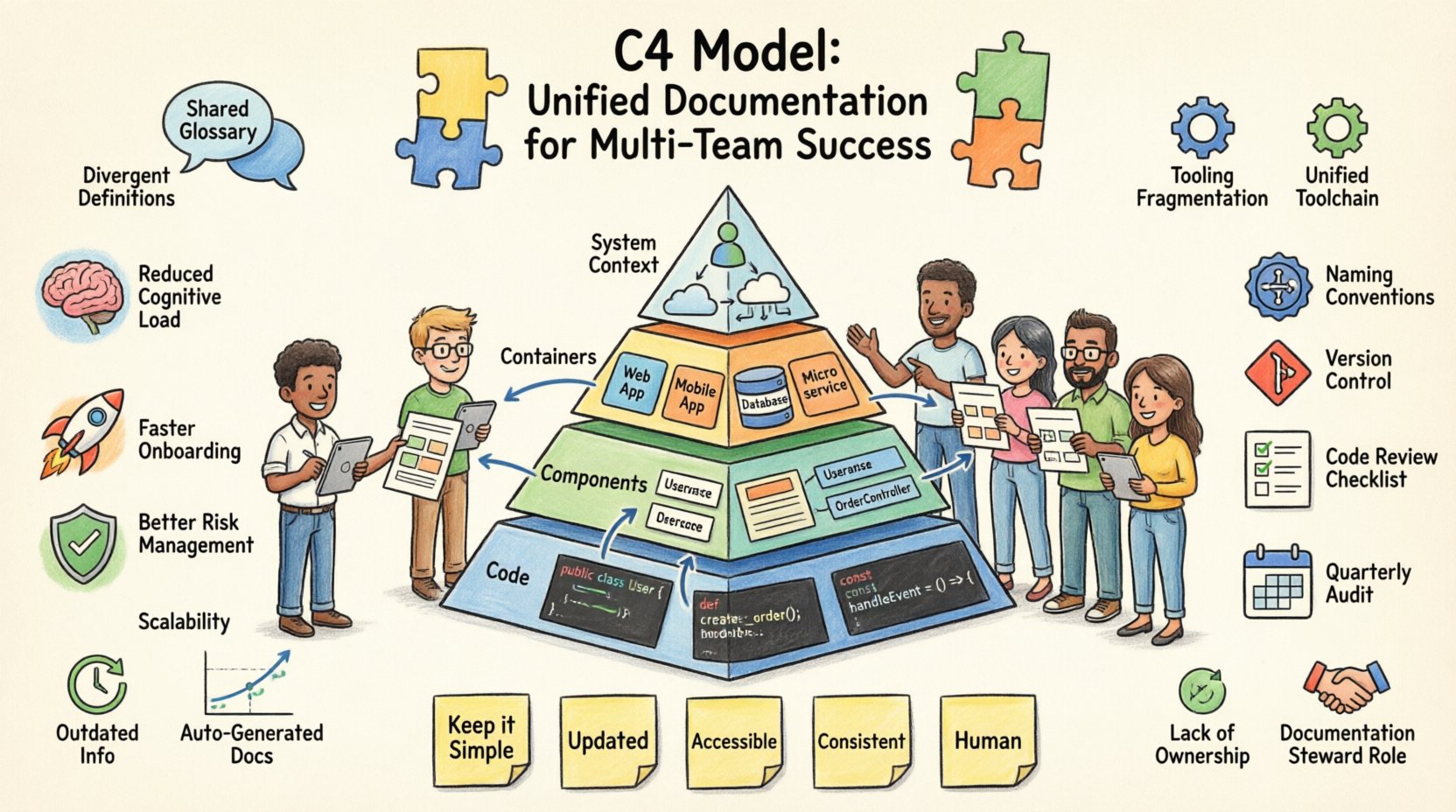 Cartoon infographic illustrating the C4 Model framework for maintaining consistent software architecture documentation across multiple product teams, featuring the four abstraction levels (System Context, Containers, Components, Code), key benefits like reduced cognitive load and faster onboarding, governance workflows including version control and code reviews, roles and responsibilities matrix, and best practices for scalable, human-readable documentation in distributed engineering organizations.