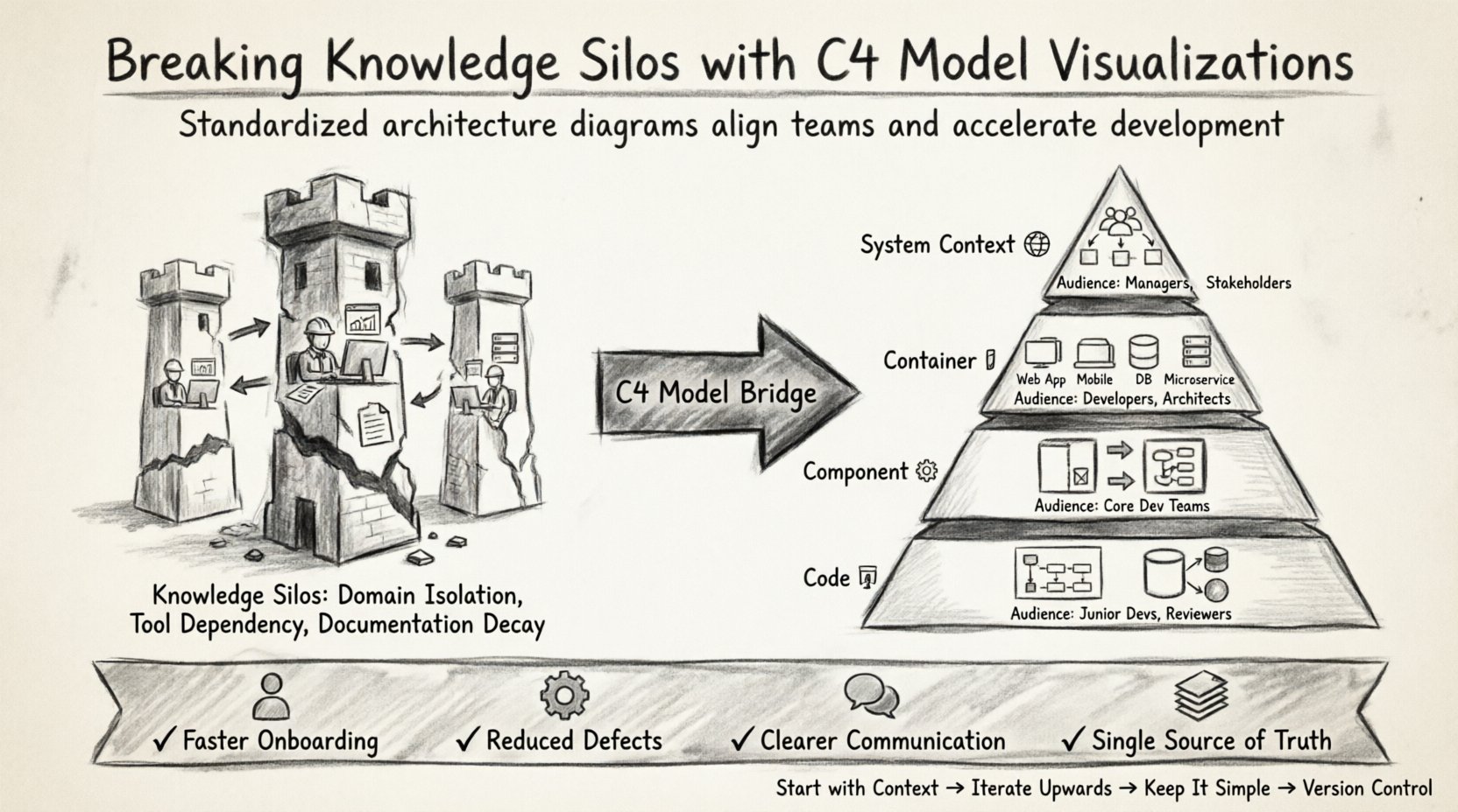Charcoal sketch infographic illustrating how the C4 Model reduces knowledge silos in software development: shows fragmented team silos transforming into a unified 4-level architecture hierarchy (System Context, Container, Component, Code) with audience labels, data flow arrows, and key benefits including faster onboarding, reduced defects, and clearer communication for engineering teams