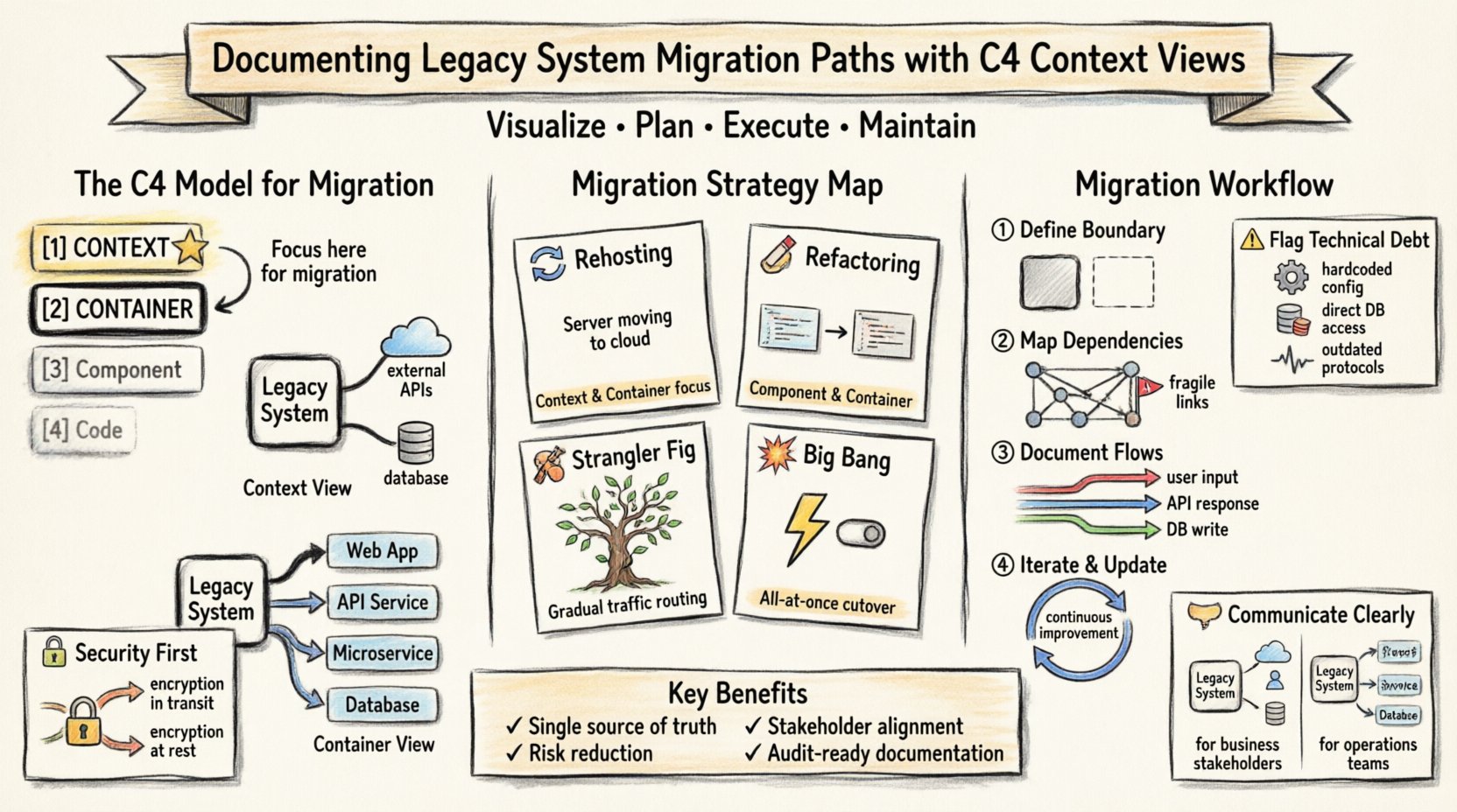 Hand-drawn infographic illustrating how to document legacy system migration paths using C4 Context and Container views, featuring migration strategies comparison (Rehosting, Refactoring, Strangler Fig, Big Bang), four-step workflow (define boundary, map dependencies, document flows, iterate), key benefits like risk reduction and stakeholder alignment, plus best practices for flagging technical debt and security considerations