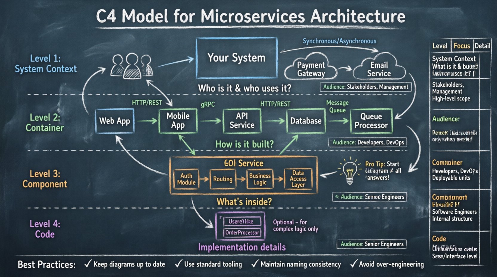 Chalkboard-style infographic explaining the C4 model (Context, Containers, Components, Code) for mapping microservices architecture, showing four levels of abstraction with audience types, key elements, communication patterns, and best practices for software documentation