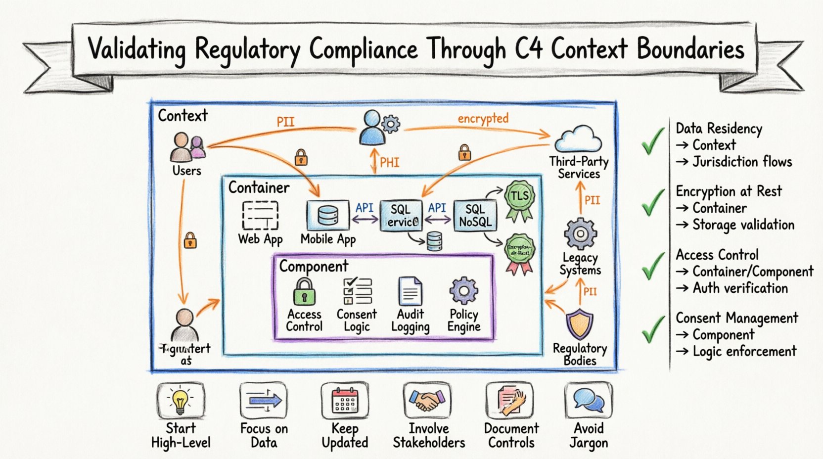 Hand-drawn whiteboard infographic illustrating how to validate regulatory compliance (GDPR, HIPAA, SOC 2) using C4 architecture model boundaries, showing Context diagram with external entities and data flows, Container diagram with storage and API security controls, Component diagram with access logic, plus compliance requirement mapping table and best practices checklist for audit-ready software architecture documentation