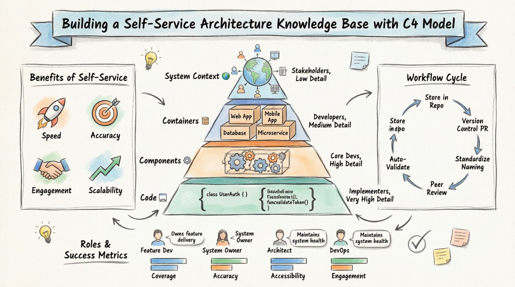 Hand-drawn infographic illustrating the C4 Model's four levels (System Context, Containers, Components, Code) for building a self-service architecture knowledge base, showing benefits like speed and accuracy, workflow steps, team roles, and success metrics for software documentation.