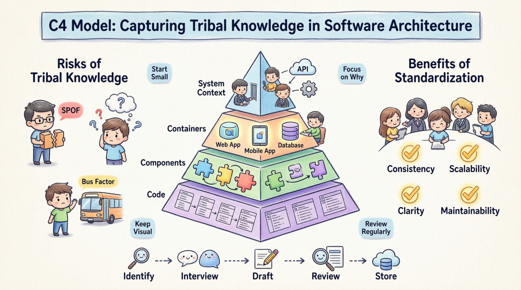 Chibi-style infographic illustrating the C4 Model framework for capturing tribal knowledge in software architecture, featuring four hierarchical layers (System Context, Containers, Components, Code), cute character illustrations depicting knowledge capture workflow, risks of undocumented expertise, and benefits of standardized architecture documentation