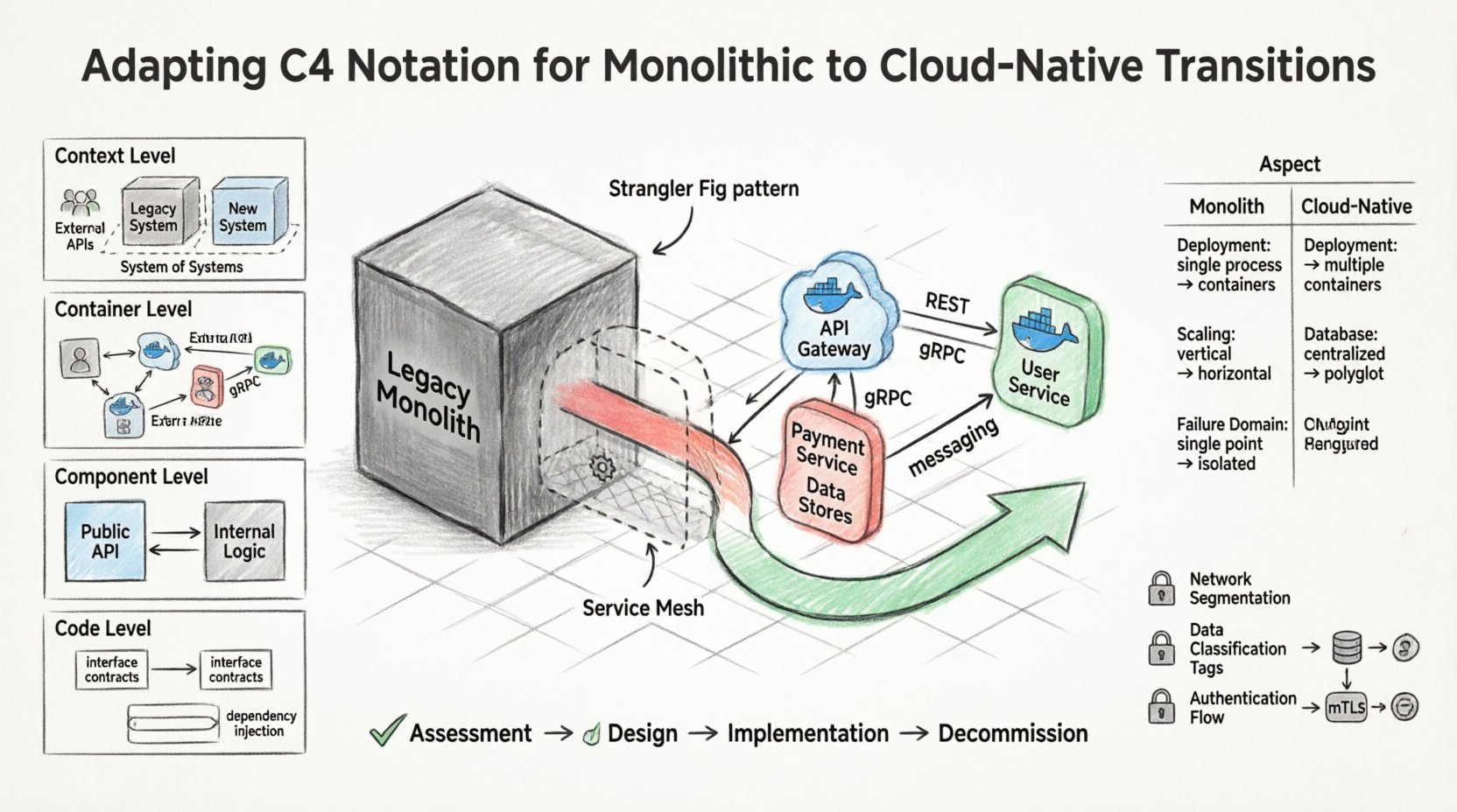 Infographic illustrating how to adapt C4 model notation when transitioning from monolithic architecture to cloud-native systems, showing the evolution of Context, Container, Component, and Code diagrams, migration patterns like Strangler Fig and Service Mesh, hybrid state visualization with dashed boundaries, comparison table of monolithic vs cloud-native characteristics (deployment, scaling, database, failure domain), phased migration roadmap (Assessment→Design→Implementation→Decommission), and security considerations including network segmentation and authentication flows, rendered in a hand-drawn marker illustration style with vibrant professional colors on 16:9 widescreen format