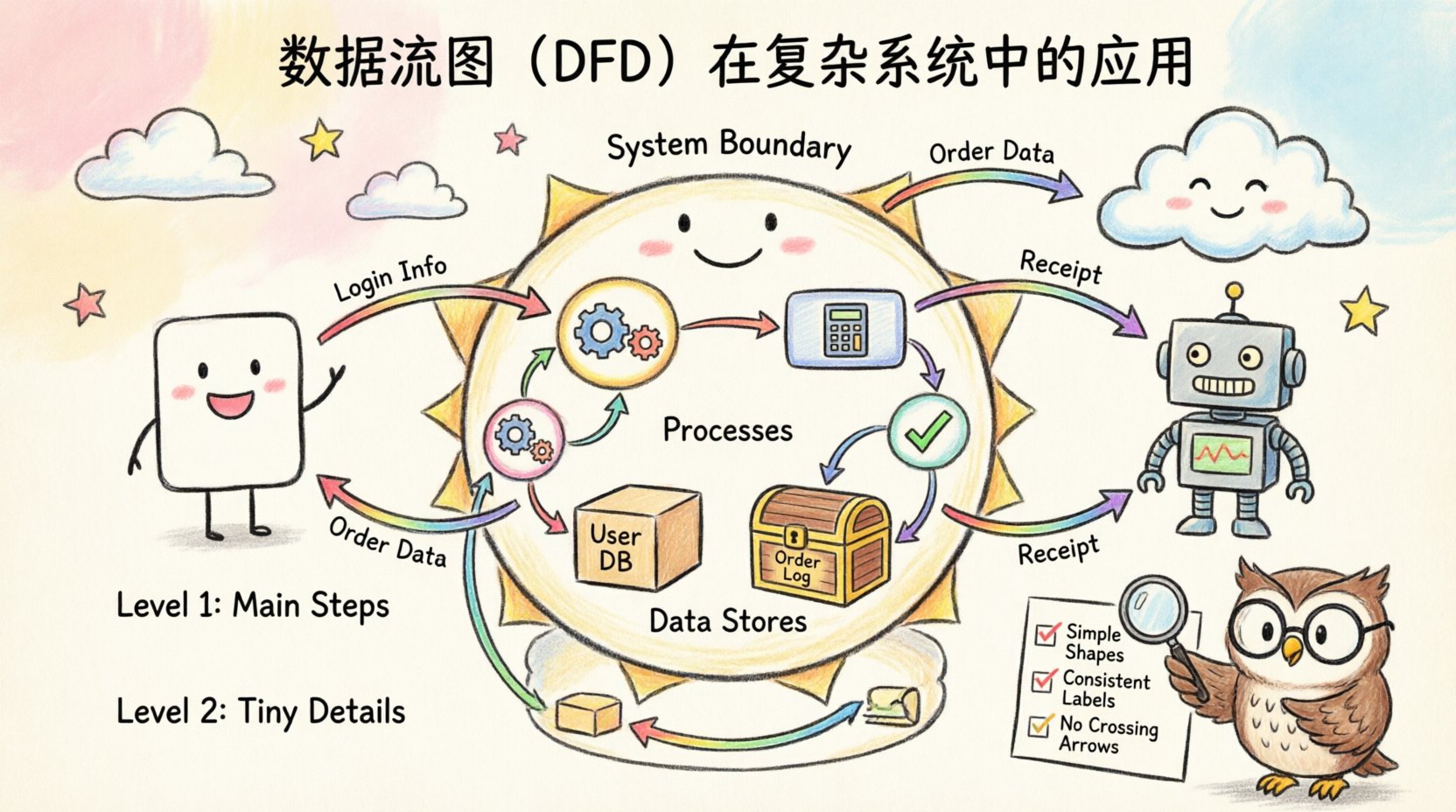 Child's drawing style infographic illustrating Data Flow Diagram fundamentals: friendly character icons as external entities, colorful circles as processes, treasure chest shapes as data stores, and rainbow arrows showing data flows across three hierarchical levels (Context, Major Processes, Detailed Logic), with a cartoon owl guide highlighting best practices like simplicity, consistency, and validation for clear software architecture documentation