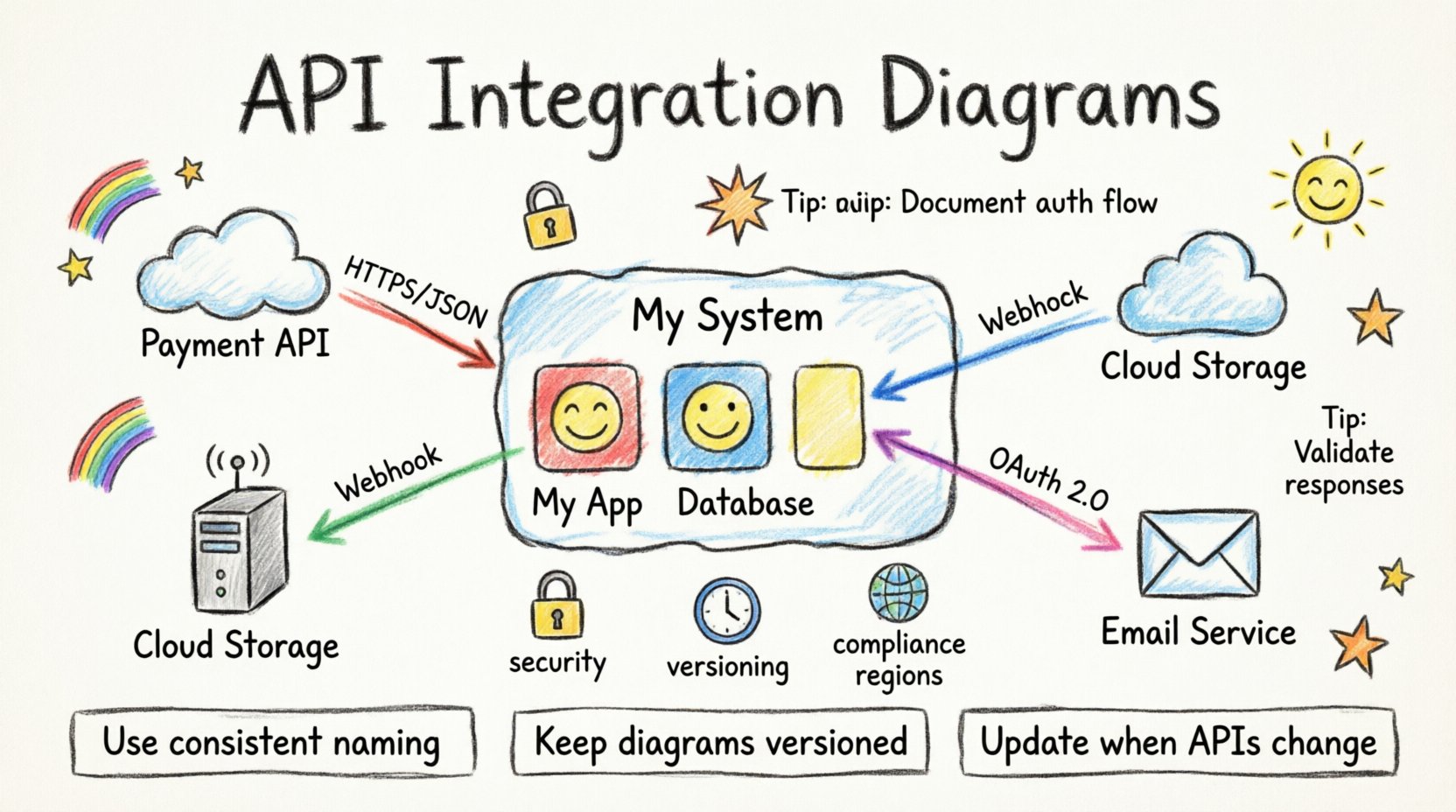 Child's crayon drawing style infographic illustrating best practices for documenting third-party API integrations in C4 container diagrams, featuring hand-drawn system boundaries, external services like payment APIs and cloud storage with dashed borders, colorful arrows showing data flow with protocol labels such as HTTPS and Webhook, security icons for OAuth and API keys, versioning notes, compliance flags for GDPR, and key documentation tips in a playful, accessible visual format for technical teams
