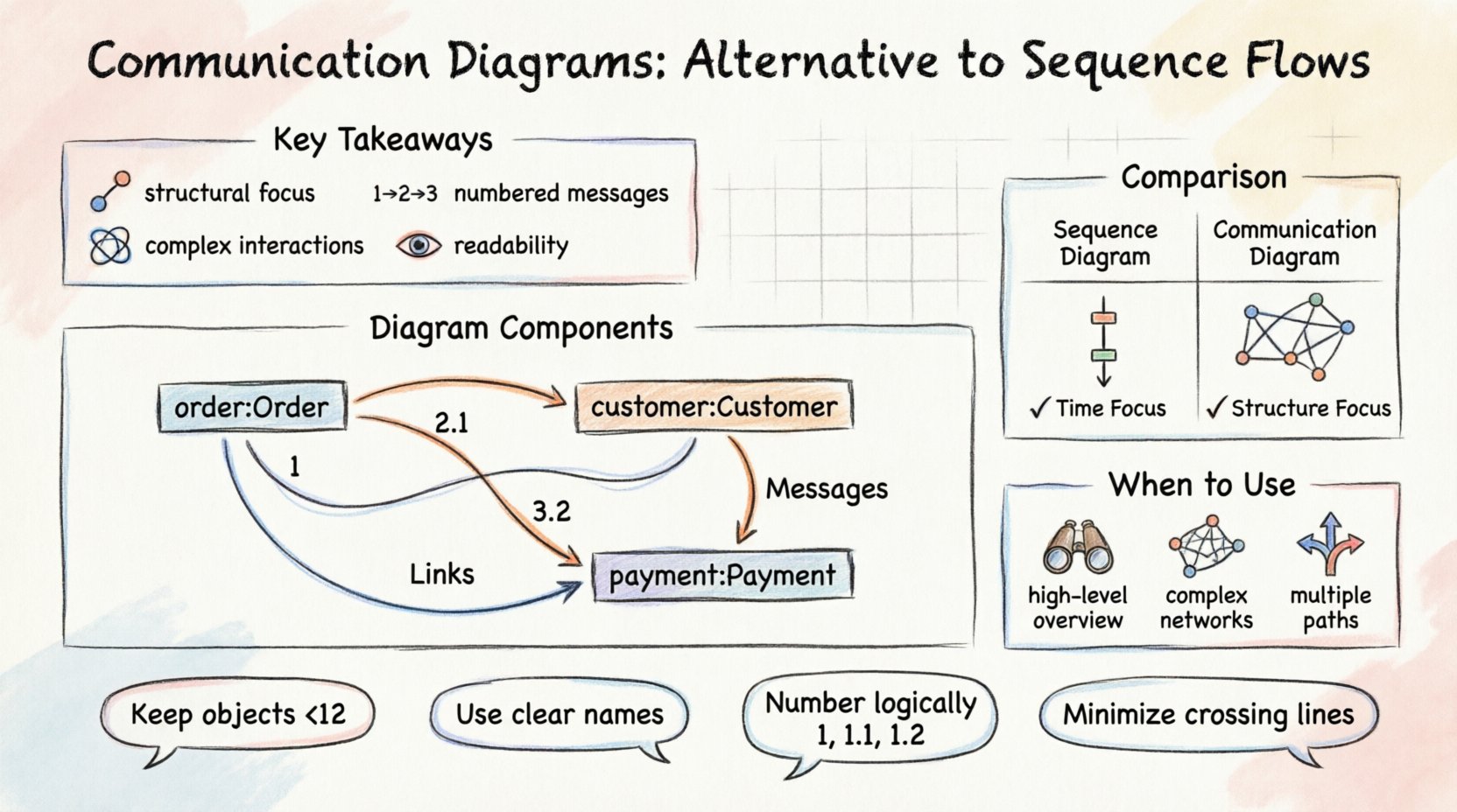 Hand-drawn infographic summarizing UML Communication Diagrams: key takeaways about structural focus, numbered messages, components (objects, links, messages), comparison with Sequence Diagrams, ideal use cases, and best practices for system design documentation