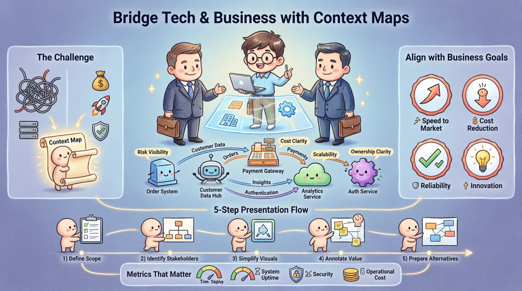 Chibi-style infographic illustrating how to present software architecture decisions to executive leadership using Context Maps from the C4 Model, featuring cute characters bridging technical complexity with business strategy, visualizing system relationships, aligning architectural choices with business goals like speed-to-market and cost reduction, and showcasing a 5-step presentation framework with metrics for success