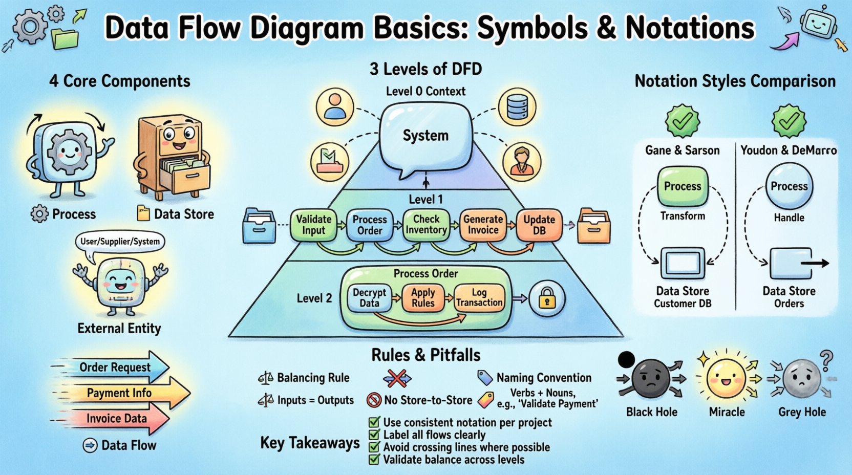 Cartoon infographic explaining Data Flow Diagram basics: four core components (Process, Data Store, External Entity, Data Flow), three hierarchical levels (Context, Major Processes, Detailed), notation comparison (Gane & Sarson vs Yourdon & DeMarco), integrity rules, and common errors like black hole and miracle processes