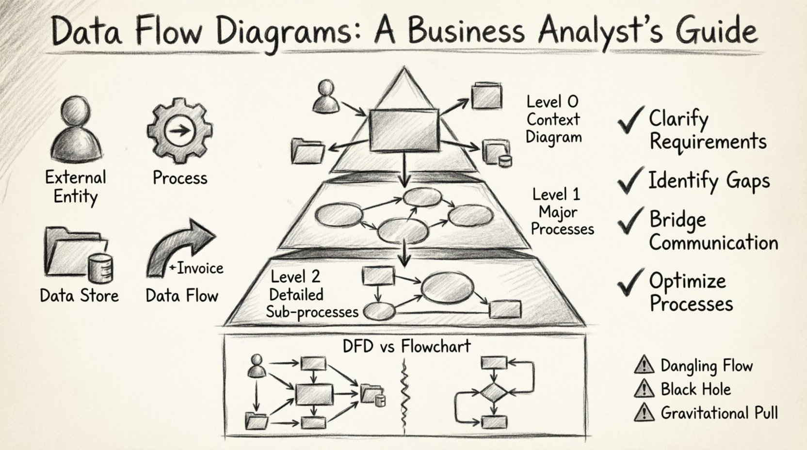 Charcoal sketch infographic illustrating Data Flow Diagrams for Business Analysts: shows four core components (external entities, processes, data stores, data flows), three hierarchical levels (Context/Level 0, Level 1, Level 2), key benefits including requirement clarification and process optimization, DFD versus flowchart comparison, and common pitfalls to avoid, all rendered in hand-drawn contour style with monochrome shading