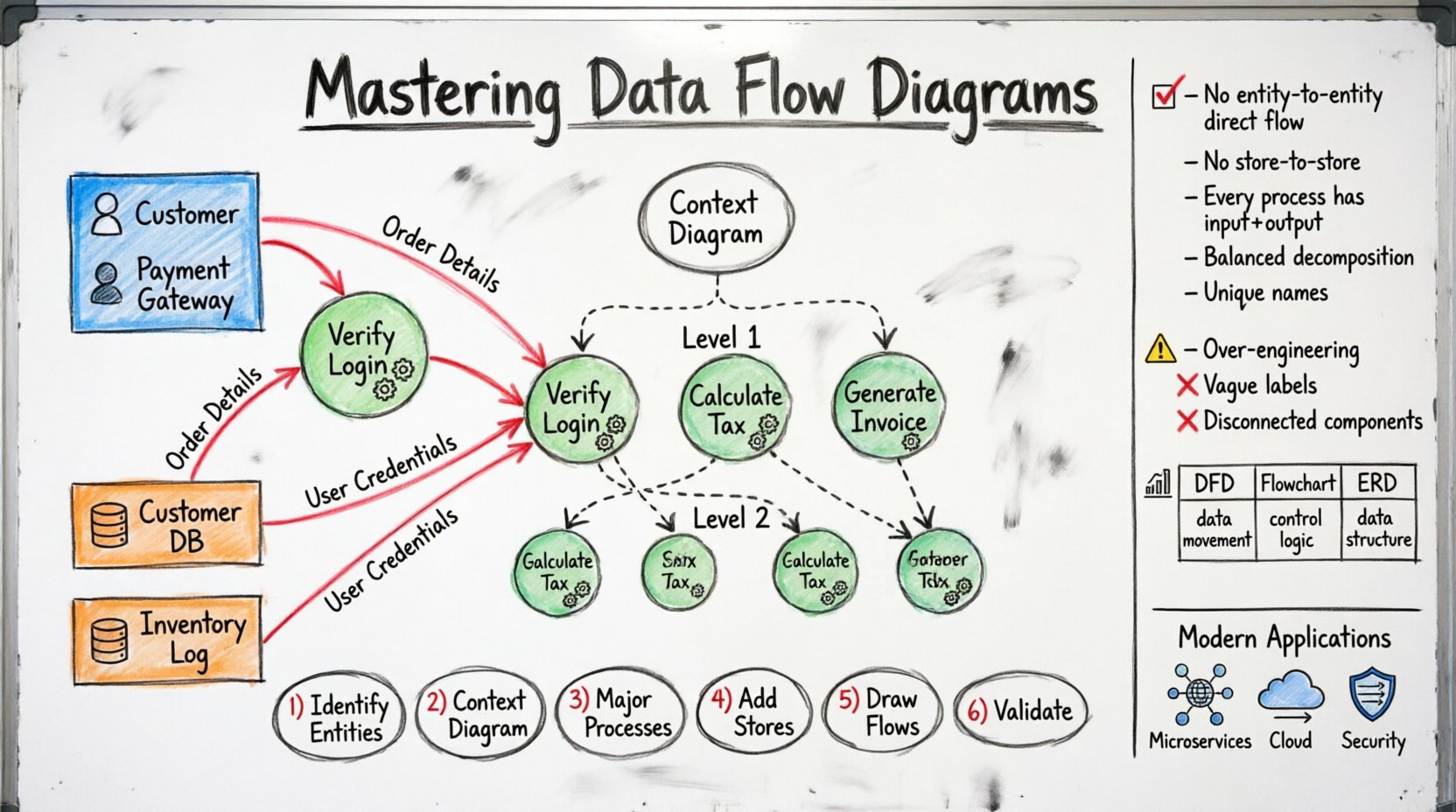 Hand-drawn whiteboard infographic explaining Data Flow Diagrams (DFDs) for software engineering, showing four core components (external entities, processes, data stores, data flows) with color-coded markers, hierarchical decomposition levels from context diagram to detailed logic, essential rules and conventions, step-by-step creation guide, common pitfalls to avoid, and modern applications in microservices and cloud architecture