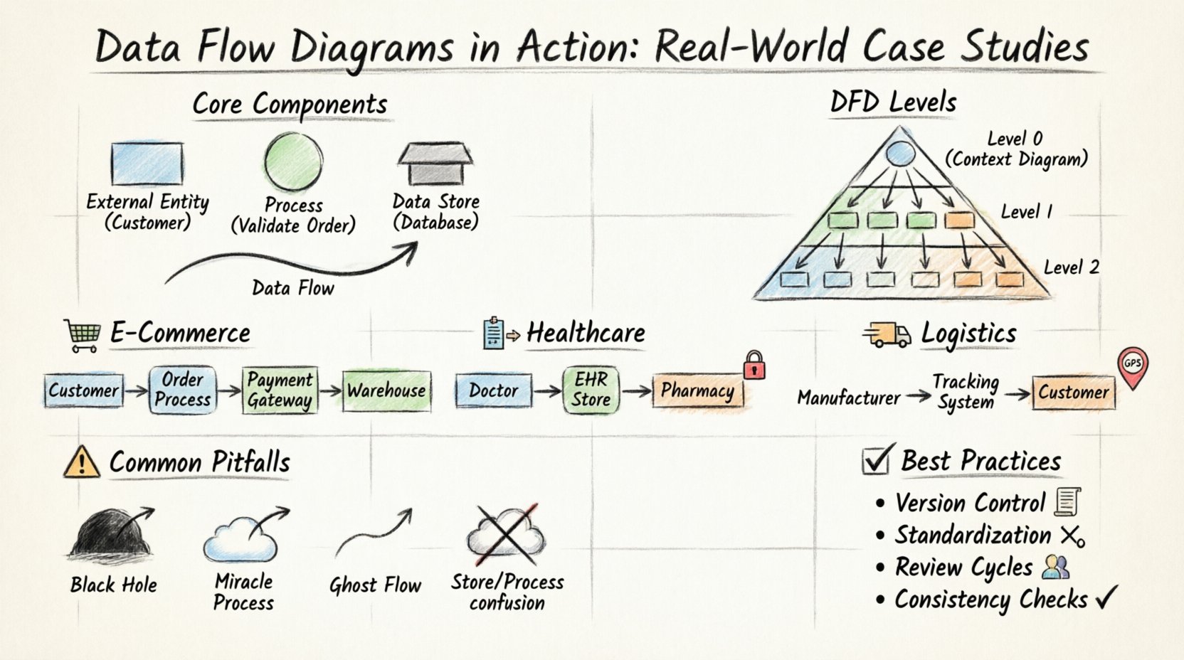 Hand-drawn infographic illustrating Data Flow Diagrams (DFDs) with real-world case studies: shows four core DFD components (External Entity, Process, Data Store, Data Flow), three hierarchical DFD levels (Context/Level 0, Level 1, Level 2), and practical applications in e-commerce order processing, healthcare patient management, and supply chain logistics. Includes visual warnings for common pitfalls like black holes and miracle processes, plus best practices checklist for system architects. Sketch-style illustration with watercolor accents in blue, green, and orange tones, designed for system analysis and business process modeling education.