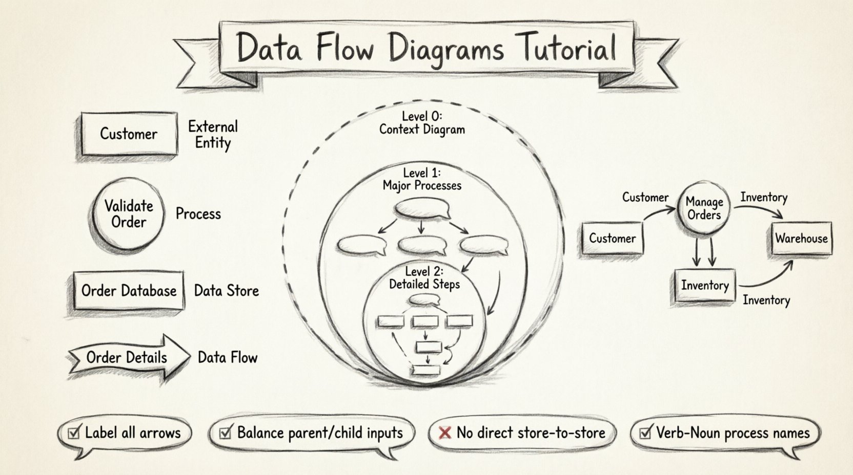 Hand-drawn sketch infographic teaching Data Flow Diagrams (DFD): illustrates four core components (external entities, processes, data stores, data flows), hierarchical decomposition levels (Context Diagram to Level 2), online store system example with labeled arrows, and key best practices for system analysis documentation