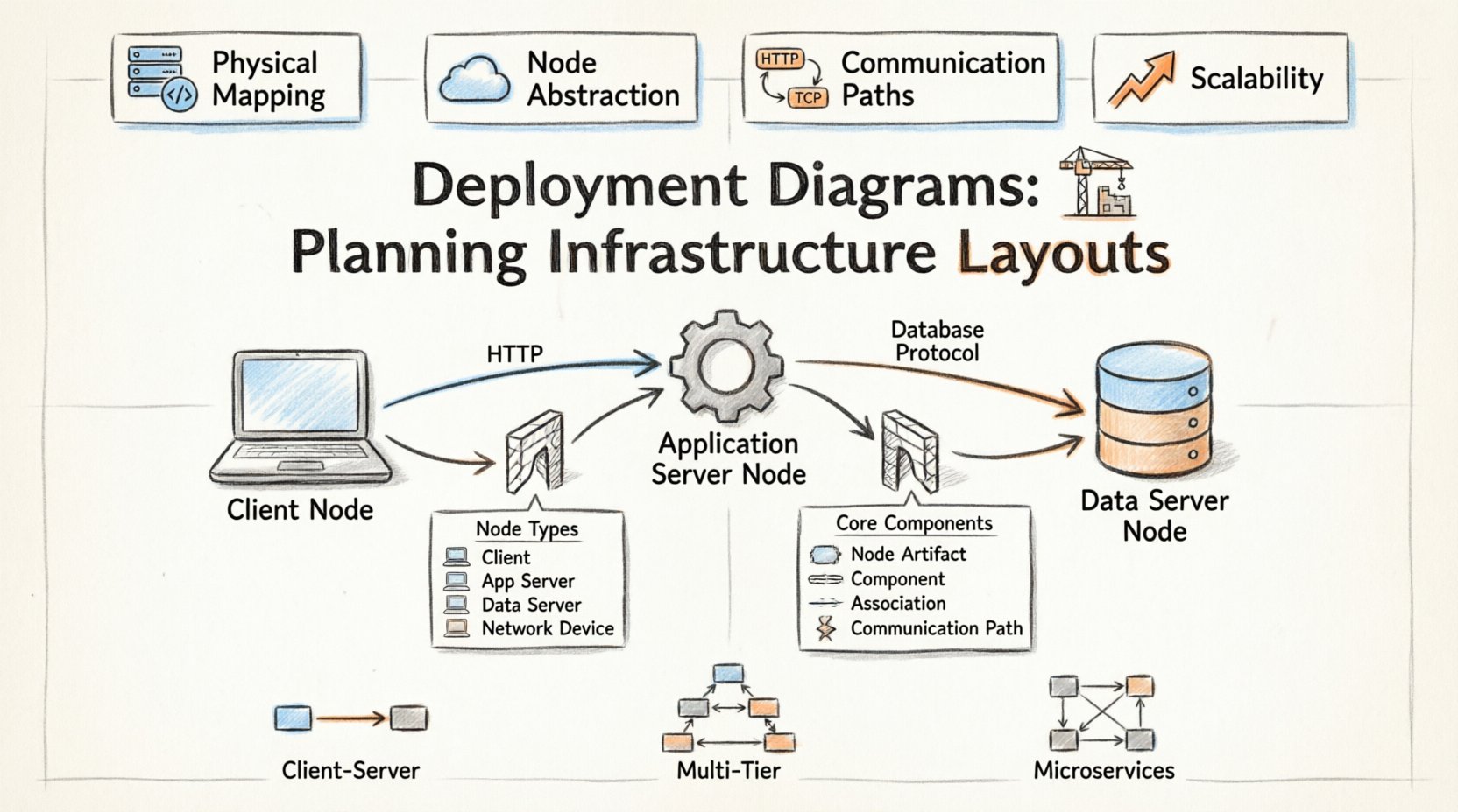 Hand-drawn infographic illustrating UML deployment diagrams for infrastructure planning, showing nodes, artifacts, communication paths, and architecture patterns including client-server, multi-tier, and microservices layouts with key takeaways on physical mapping, node abstraction, protocol specifications, and scalability strategies