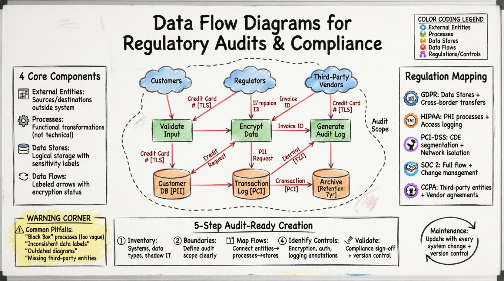 Hand-drawn whiteboard infographic illustrating Data Flow Diagrams for regulatory audits and compliance, featuring color-coded components (blue external entities, green processes, orange data stores, red data flows), hierarchy levels 0-3, regulation mapping badges for GDPR HIPAA PCI-DSS SOC2 CCPA, five-step audit-ready creation process, common pitfalls warnings, and maintenance lifecycle cycle, all rendered in sketchy marker style on whiteboard background with 16:9 aspect ratio