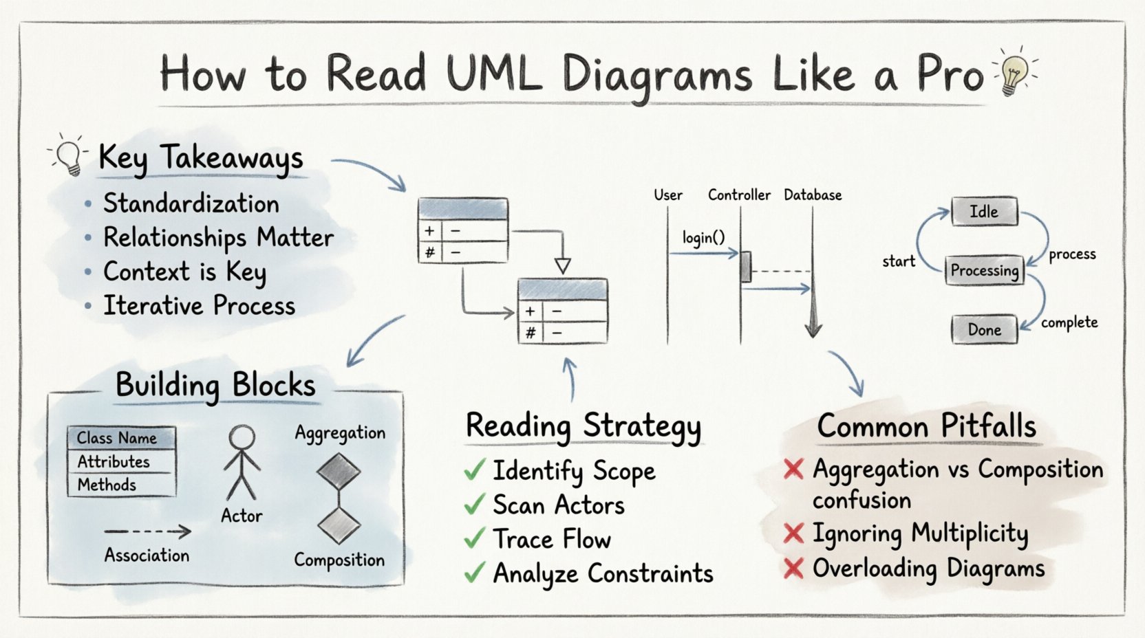 Hand-drawn infographic guide on reading UML diagrams like a pro, featuring key takeaways on standardization and relationships, visual reference table of UML symbols including classes actors and connectors, overview of class diagrams with attributes and multiplicity notation, sequence diagrams showing lifelines and message flows, state machine diagrams with transitions, a four-step reading strategy checklist, and common pitfalls to avoid when interpreting software architecture diagrams