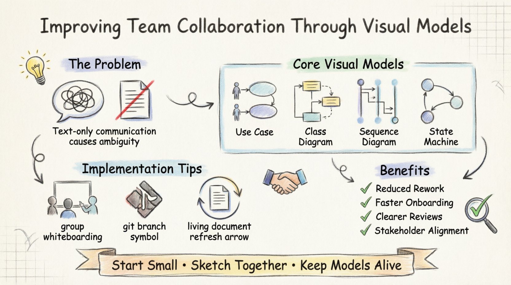 Hand-drawn infographic summarizing how UML visual models improve team collaboration: showing use case, class, sequence, and state machine diagrams, implementation strategies like collaborative drafting and version control, and key benefits including reduced ambiguity, faster onboarding, and stakeholder alignment for software development teams