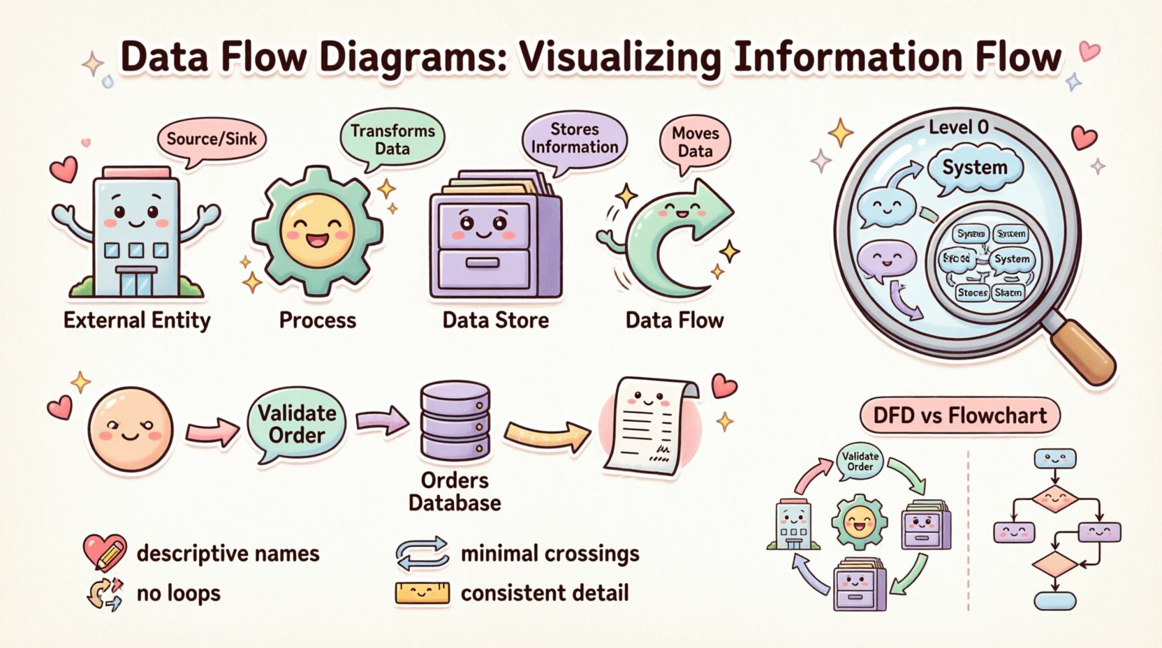 Kawaii cute vector infographic explaining Data Flow Diagrams (DFDs) with four core components: external entities, processes, data stores, and data flows, plus levels of abstraction, DFD vs flowchart comparison, and best practices, designed with pastel colors, rounded shapes, and friendly icons for intuitive system analysis learning