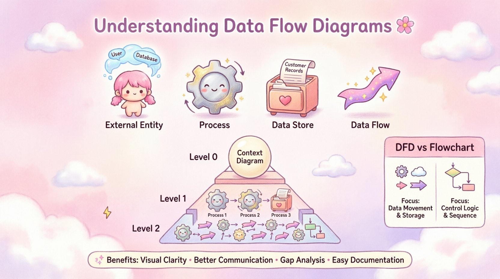 Kawaii-style infographic explaining Data Flow Diagrams (DFD) for beginners, featuring cute chibi characters representing external entities, processes, data stores, and data flows, with visual breakdown of decomposition levels, DFD vs flowchart comparison, and key benefits in soft pastel colors