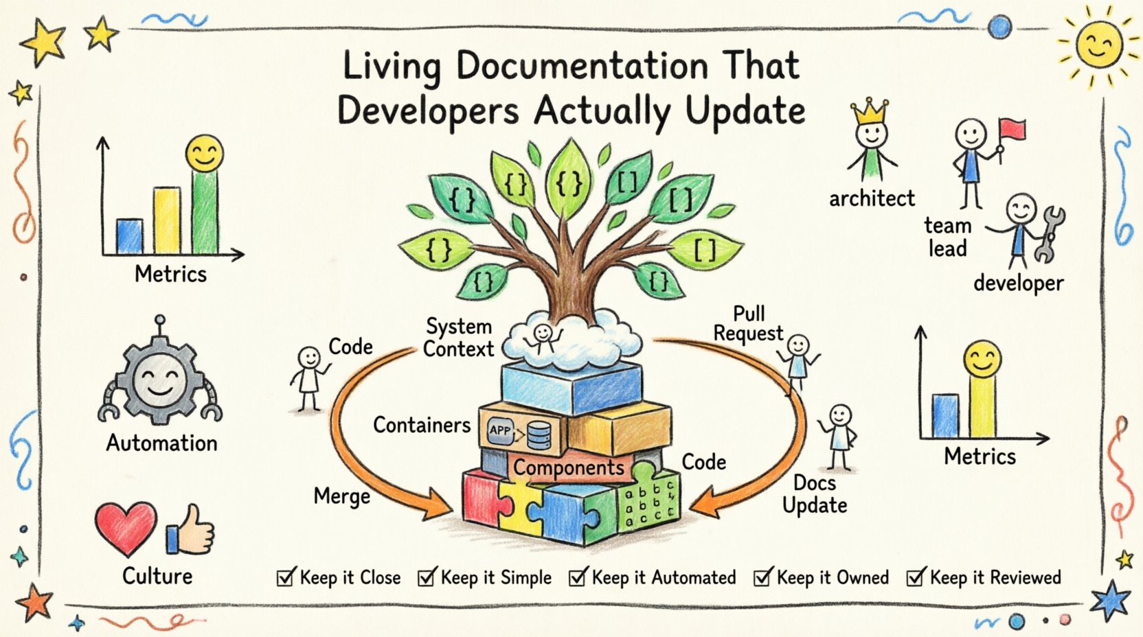 Child-style hand-drawn infographic illustrating how to create living documentation using the C4 Model: four architecture levels (System Context, Containers, Components, Code), pull request workflow integration, team ownership roles, automation tools, documentation health metrics, and five best practices for developers to keep docs updated and valuable