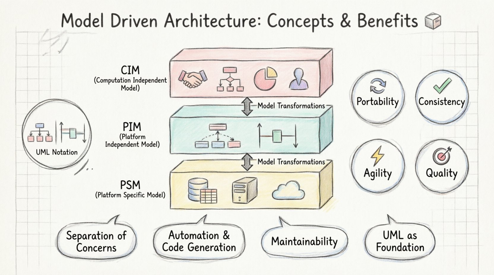 Hand-drawn infographic summarizing Model Driven Architecture (MDA) showing the three abstraction layers: CIM, PIM, and PSM with transformation arrows, UML notation integration, and four key benefits: portability, consistency, agility, and quality for software engineering teams