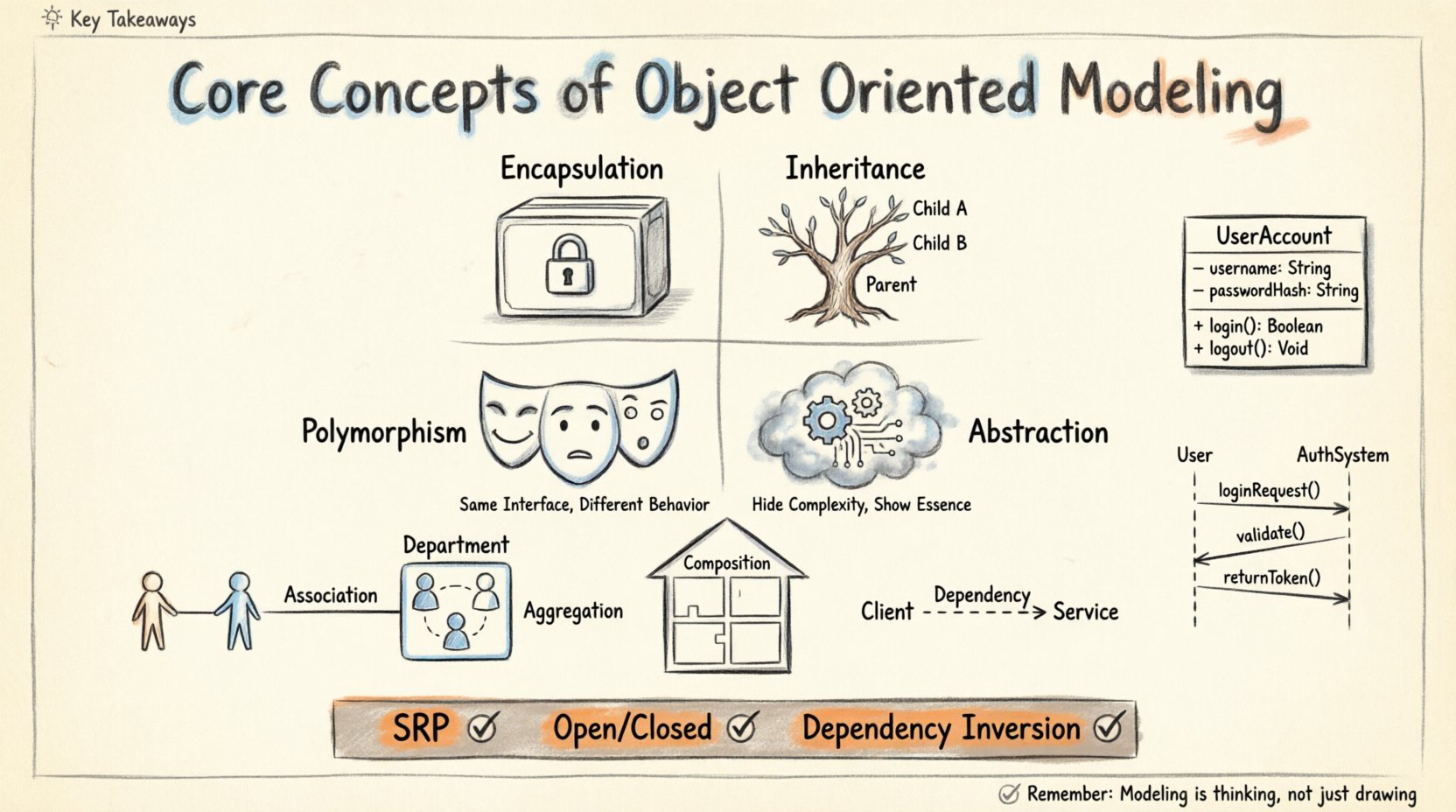 Hand-drawn infographic summarizing core concepts of Object-Oriented Modeling: four pillars (encapsulation, inheritance, polymorphism, abstraction), object relationships (association, aggregation, composition, dependency), UML diagram examples, and key design principles for scalable software architecture
