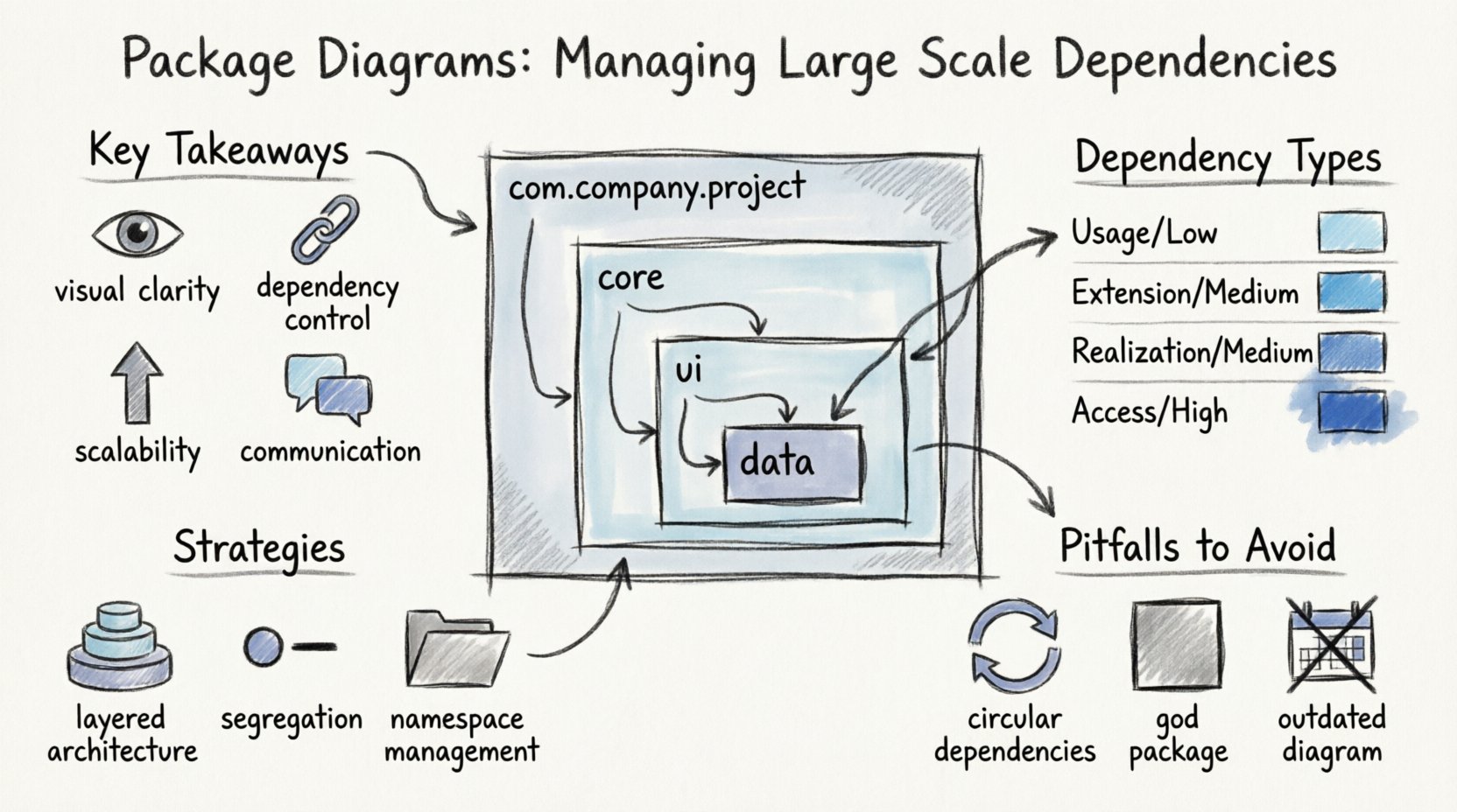 Hand-drawn style infographic summarizing UML package diagrams for managing large-scale software dependencies: features key takeaways (visual clarity, dependency control, scalability, communication), package concept illustration with nested namespaces, dependency types table (Usage/Low, Extension/Medium, Realization/Medium, Access/High), three core strategies (layered architecture, interface segregation, namespace management), visualization best practices, and common pitfalls to avoid (circular dependencies, god packages, ignoring change), all presented with sketch-style icons, directional arrows, and soft blue-gray watercolor accents in 16:9 layout