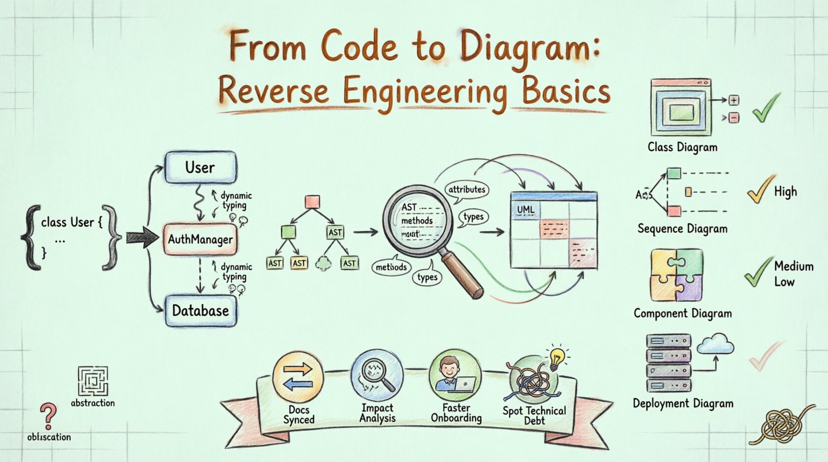 Hand-drawn infographic illustrating reverse engineering basics: transforming source code into UML diagrams. Shows the 4-step process (parsing, metadata extraction, UML mapping, visualization), key diagram types (Class, Sequence, Component, Deployment) with utility ratings, core benefits including documentation synchronization and dependency mapping, and common challenges like abstraction and dynamic typing. Educational visual guide for developers modernizing legacy codebases.
