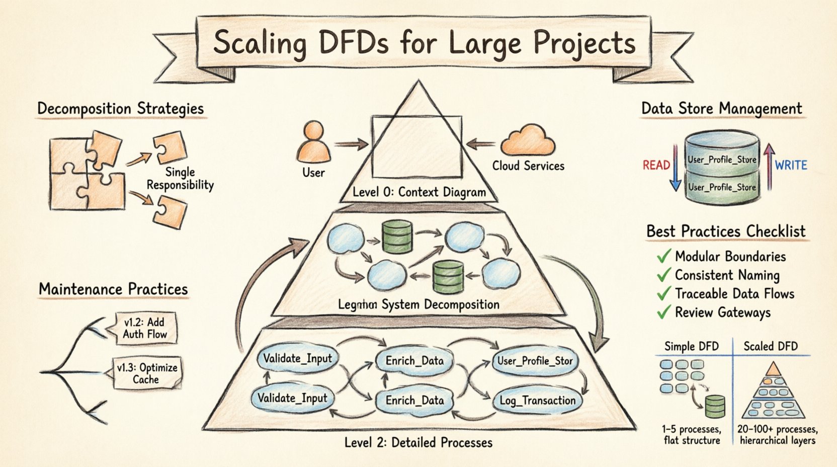 Hand-drawn infographic illustrating how to scale Data Flow Diagrams for large-scale projects, showing hierarchical DFD levels (Context, System Decomposition, Detailed Processes), decomposition strategies, data store management techniques, external entity boundaries, version control practices, and a comparison table between simple and scaled DFDs, all rendered in thick-outline sketch style with labeled arrows, process bubbles, and database icons