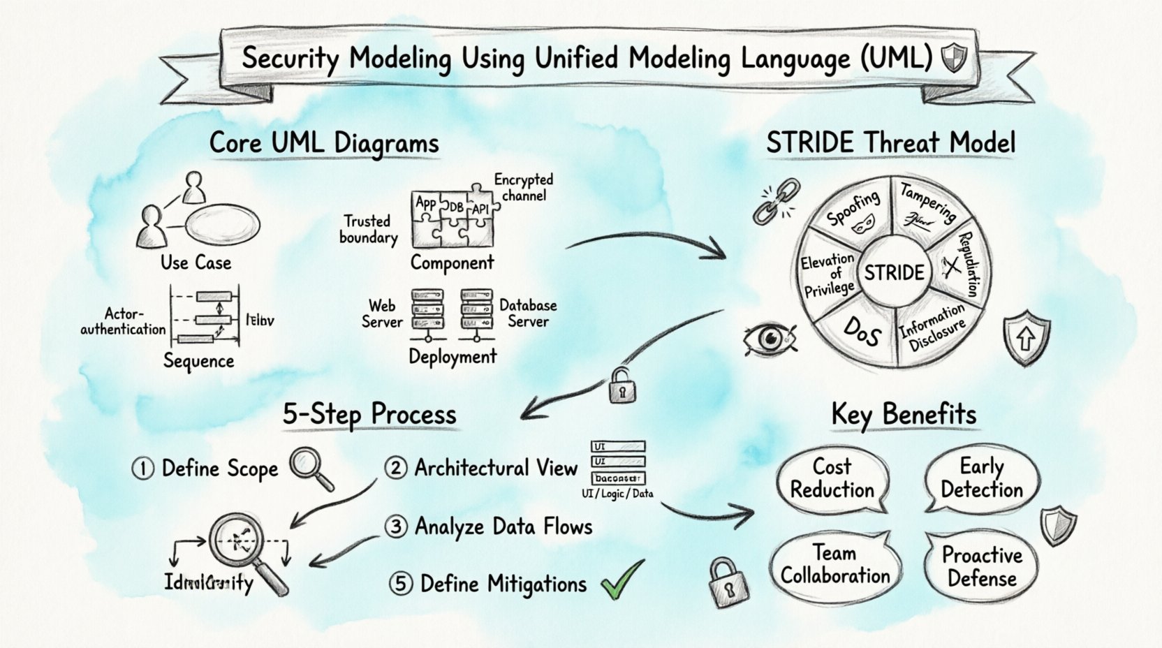 Hand-drawn infographic summarizing Security Modeling with UML: features core diagrams (Use Case, Sequence, Component, Deployment), STRIDE threat model wheel, 5-step implementation process, and key benefits like early threat detection and team collaboration for secure system design